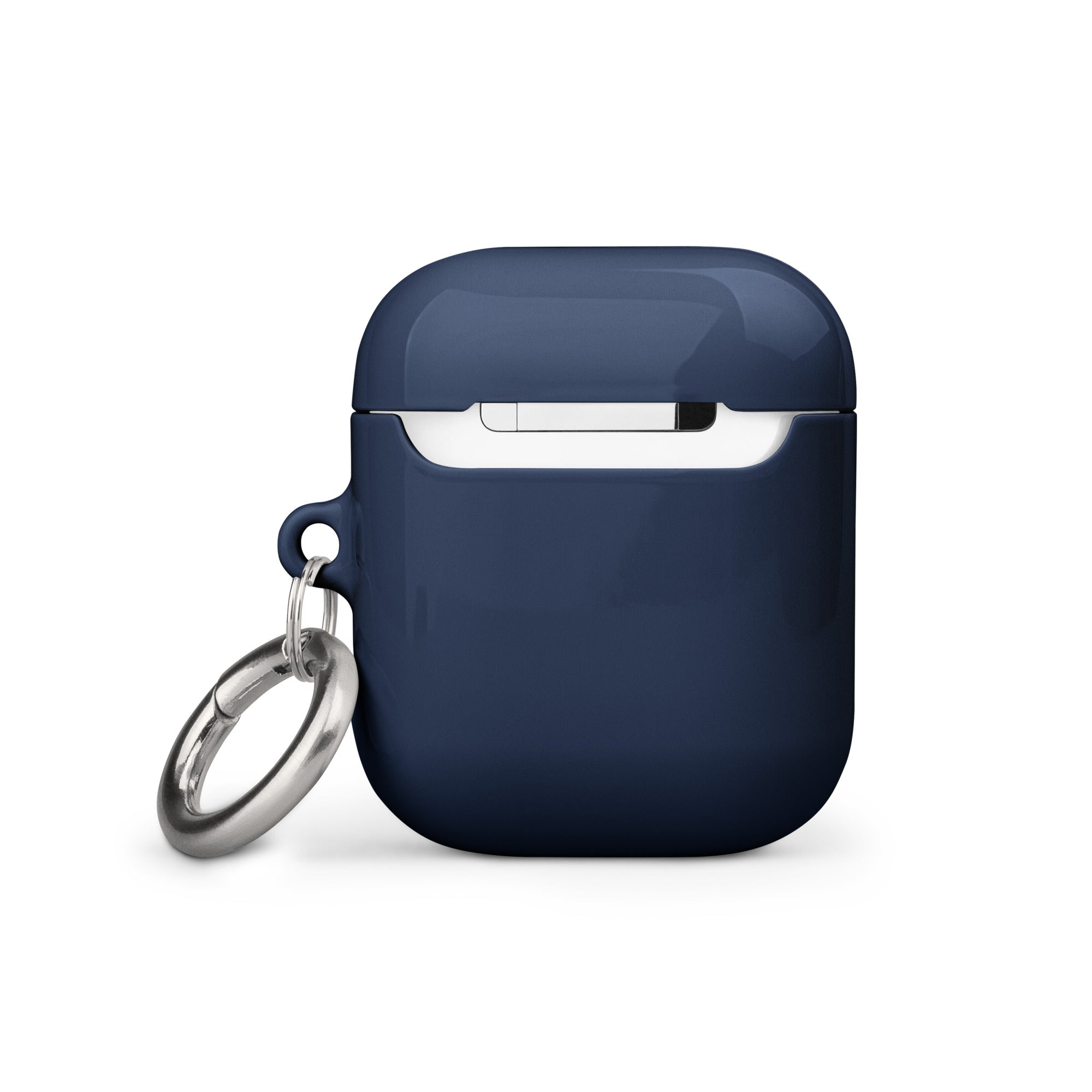 Navy blue airpod case with a keychain on a white background