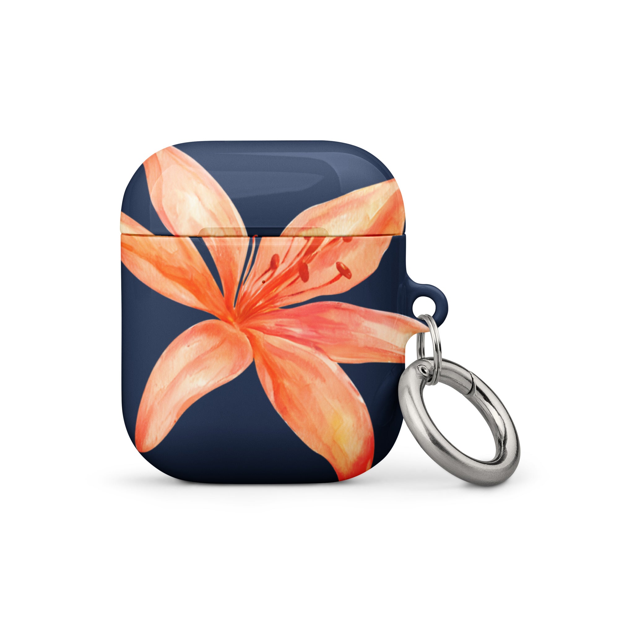 Navy blue case with orange floral design and silver ring holder on a white background