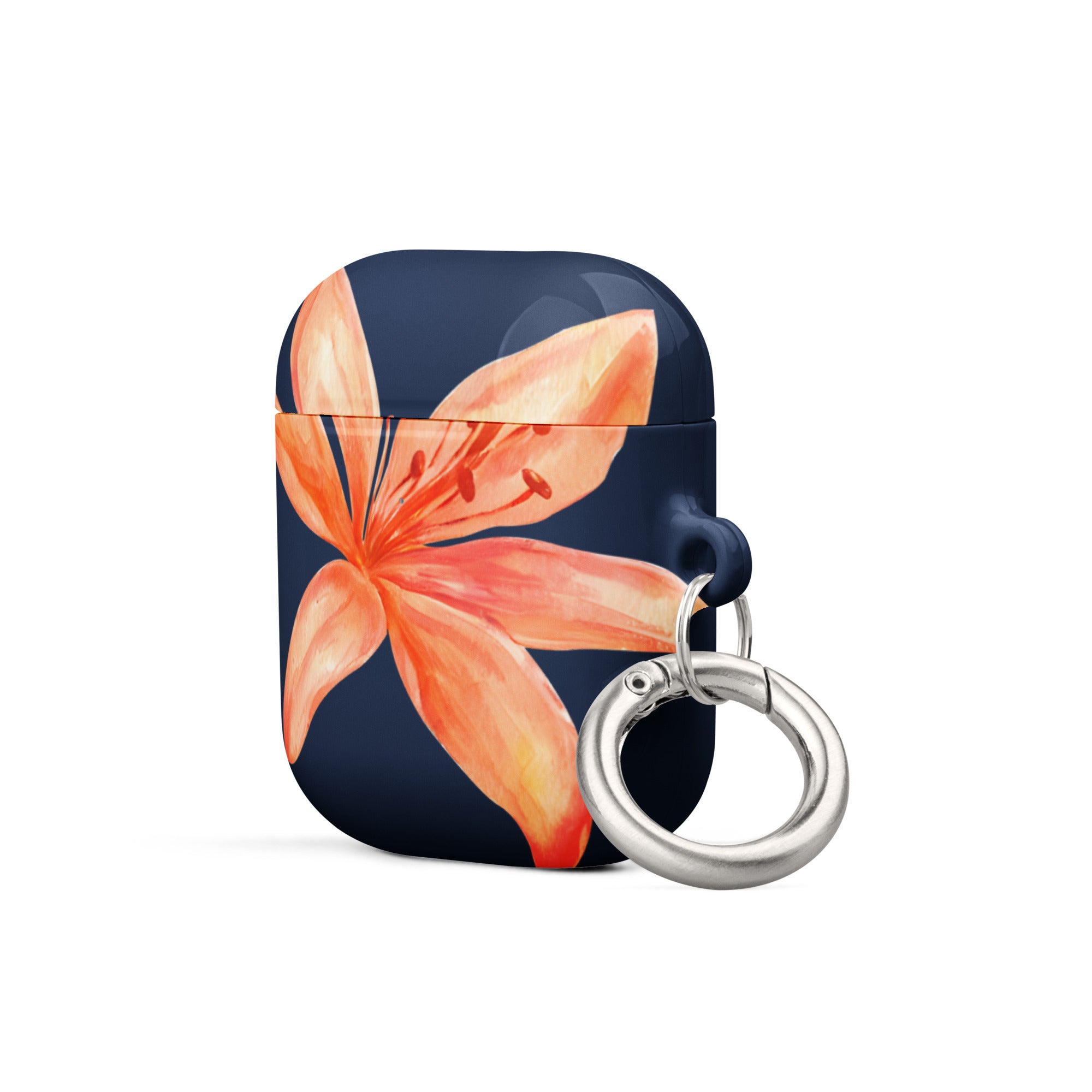 Navy blue case with orange floral design and silver ring holder on a white background