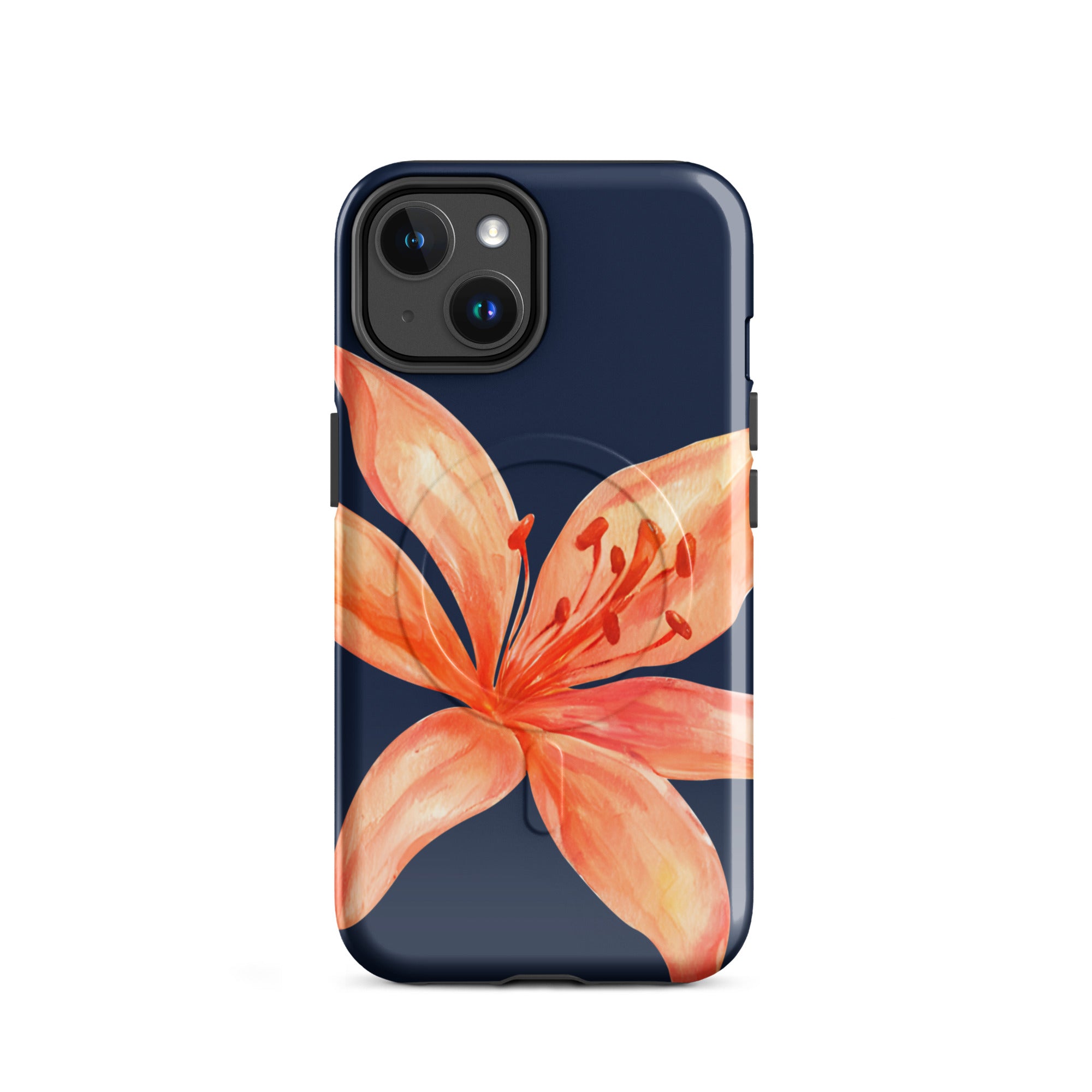 MagSafe Floral iPhone Case Tiger Lily Print - Dual-Layer Protection With MagSafe Charging showing orange flower on navy background