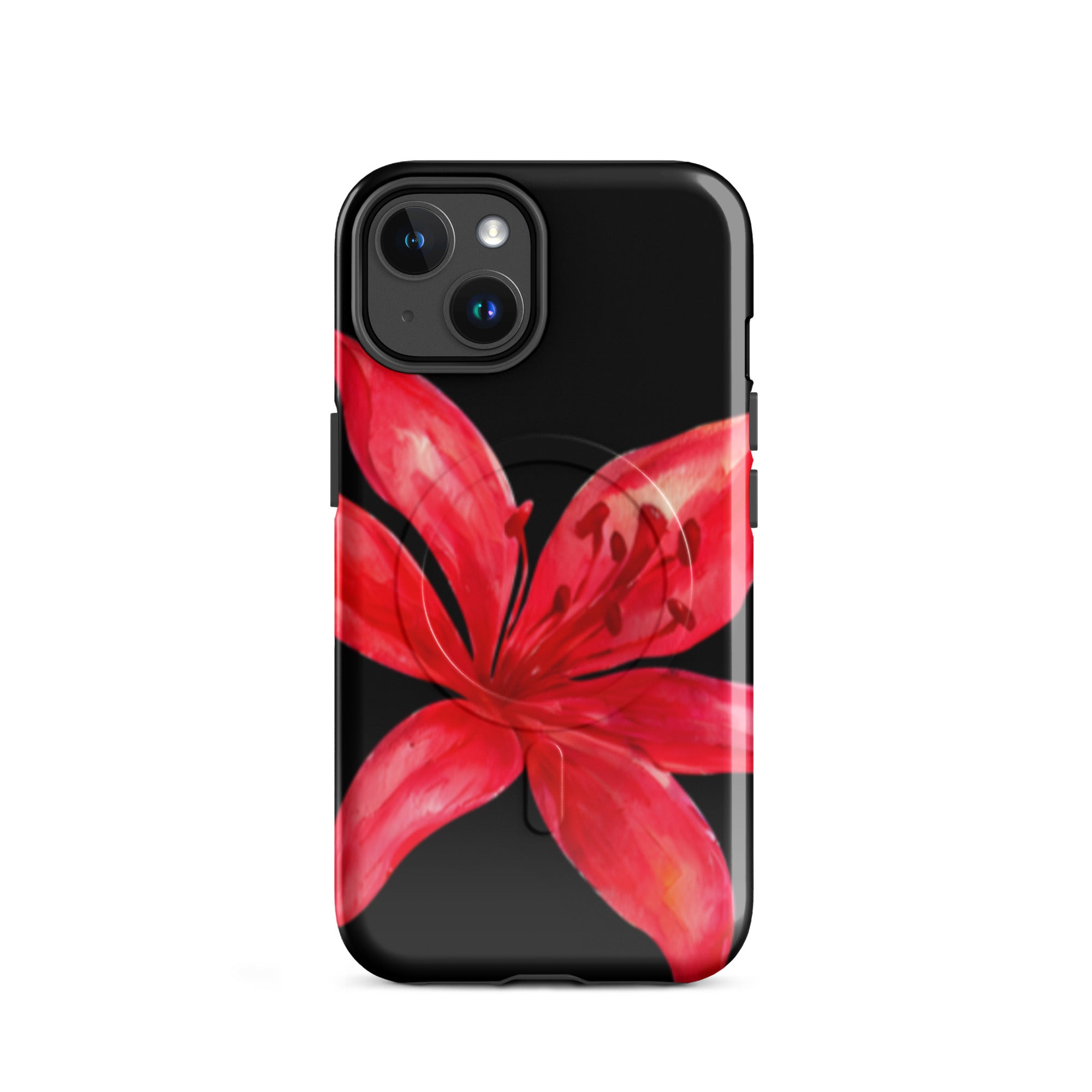 Tiger Lily MagSafe Floral Phone Case - Dual Layer Protection With Bold Floral Tiger Lily Design featuring a large red flower on black background