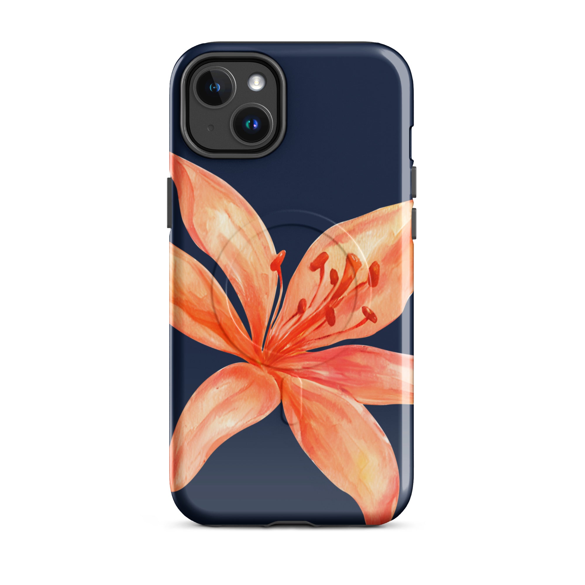 MagSafe Floral iPhone Case Tiger Lily Print - Dual-Layer Protection With MagSafe Charging featuring orange lily on dark blue background