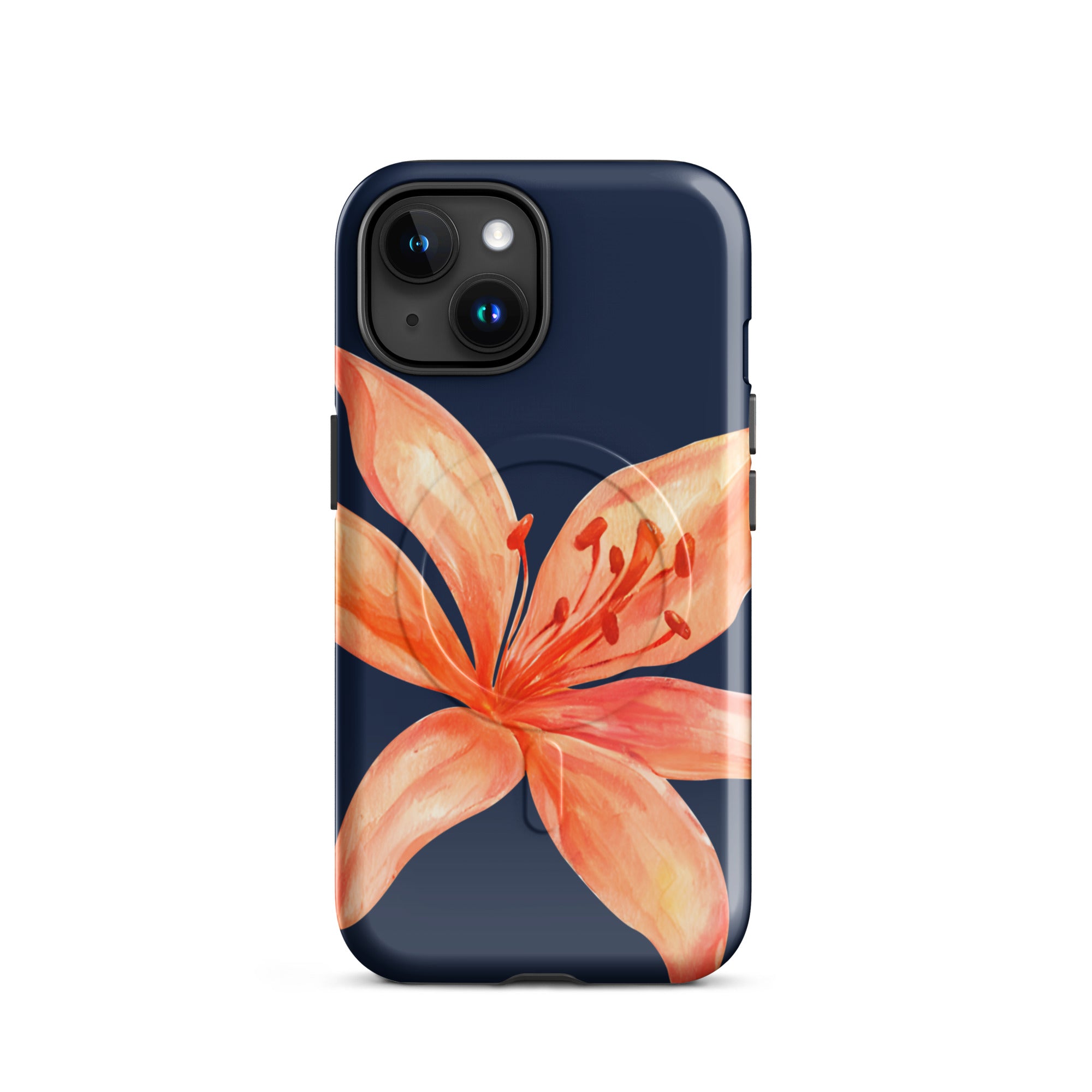 MagSafe Floral iPhone Case Tiger Lily Print - Dual-Layer Protection With MagSafe Charging with orange flower design on navy background