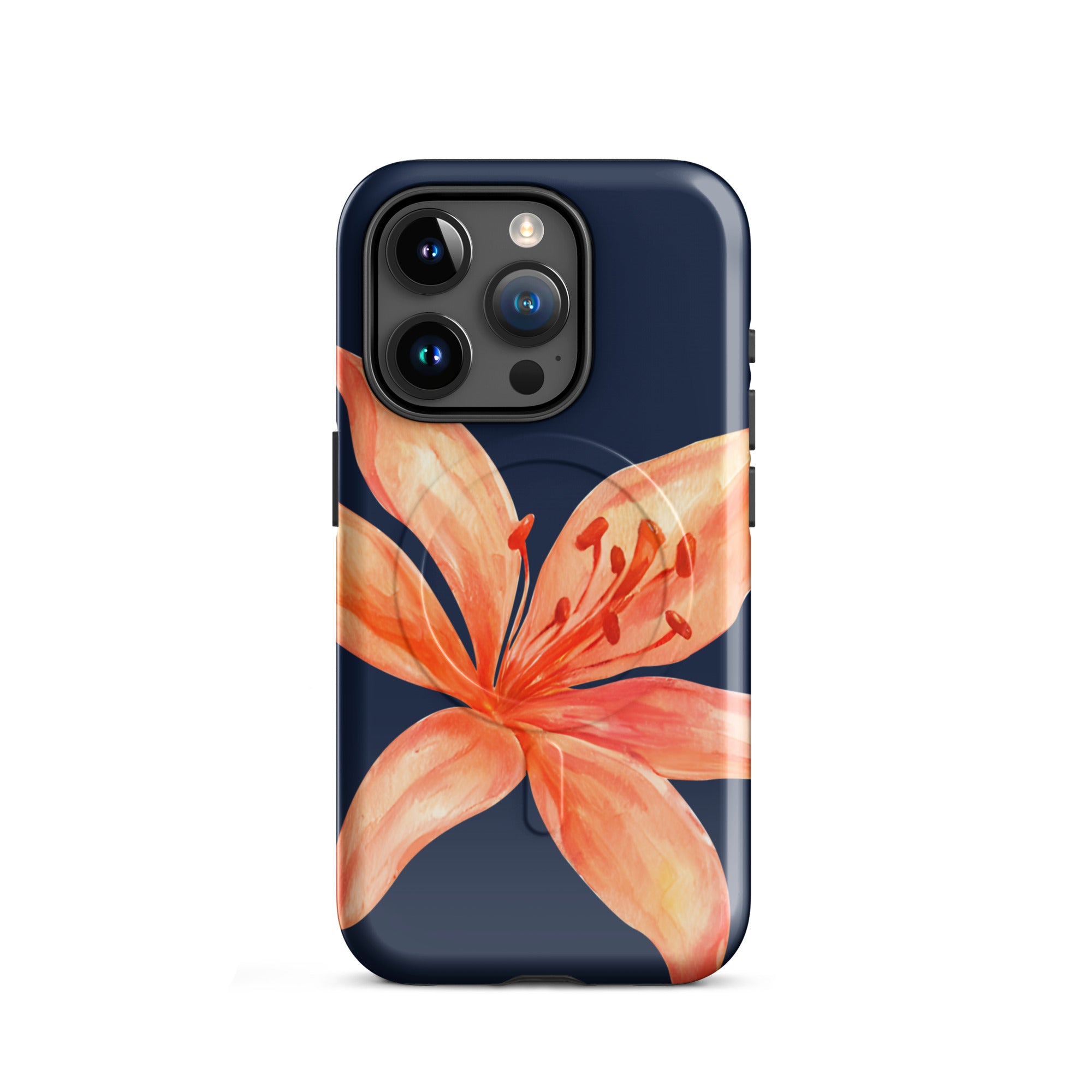 MagSafe Floral iPhone Case Tiger Lily Print - Dual-Layer Protection With MagSafe Charging featuring a vibrant orange flower design on dark background