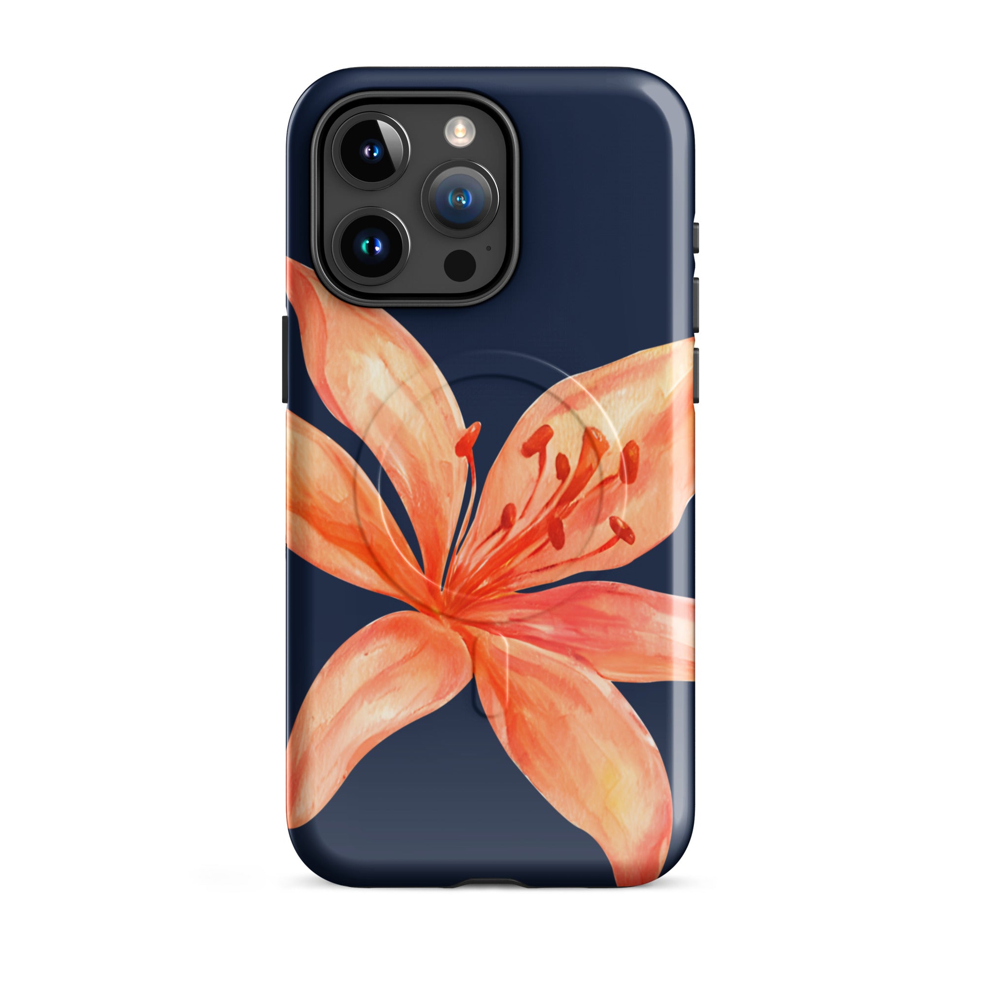 MagSafe Floral iPhone Case Tiger Lily Print - Dual-Layer Protection With MagSafe Charging featuring orange flower on navy background