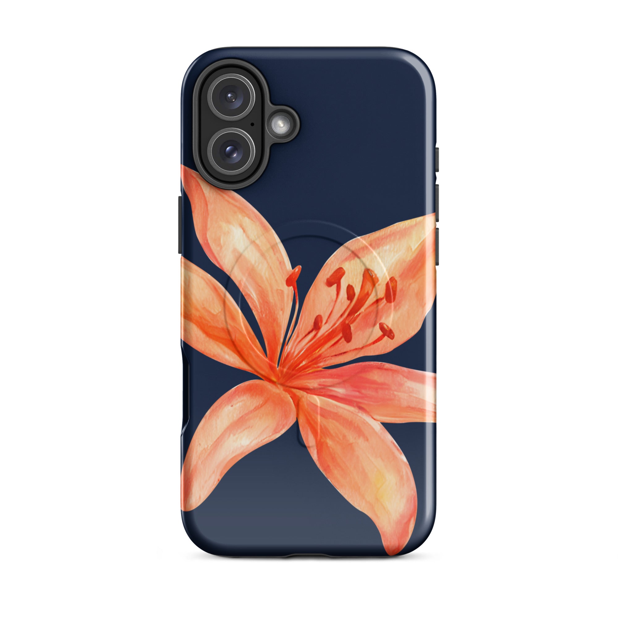 MagSafe Floral iPhone Case Tiger Lily Print - Dual-Layer Protection With MagSafe Charging with orange flower design