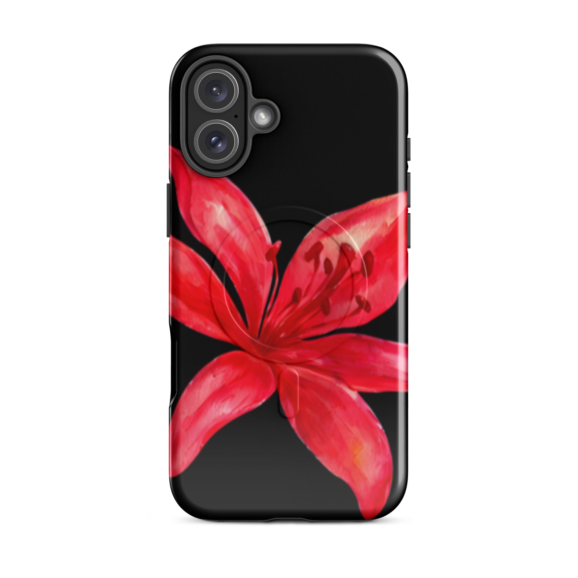 Tiger Lily MagSafe Floral Phone Case - Dual Layer Protection With Bold Floral Tiger Lily Design featuring vibrant red flower on black background