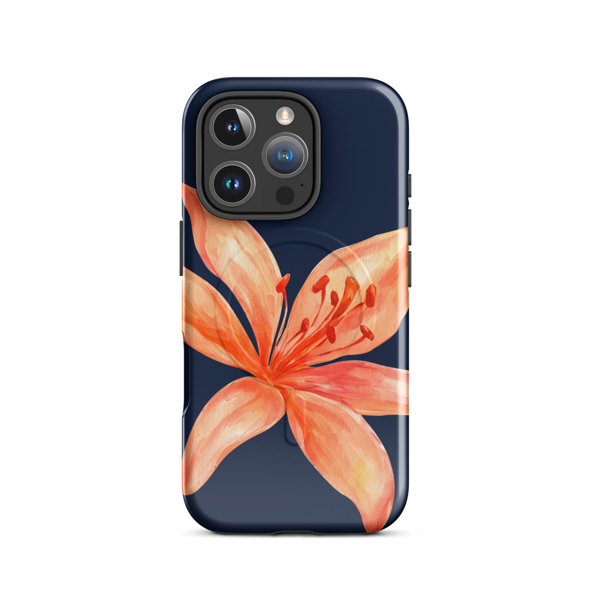 MagSafe Floral iPhone Case Tiger Lily Print - Dual-Layer Protection With MagSafe Charging displaying orange tiger lily on dark background