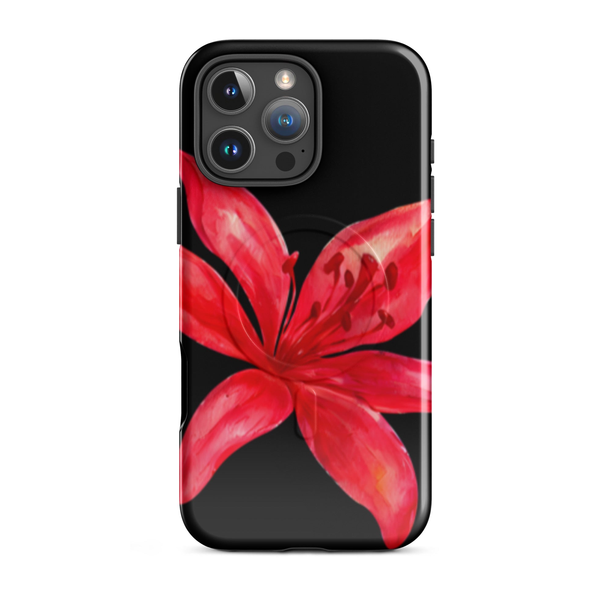 Tiger Lily MagSafe Floral Phone Case - Dual Layer Protection With Bold Floral Tiger Lily Design showing red flower on black phone case