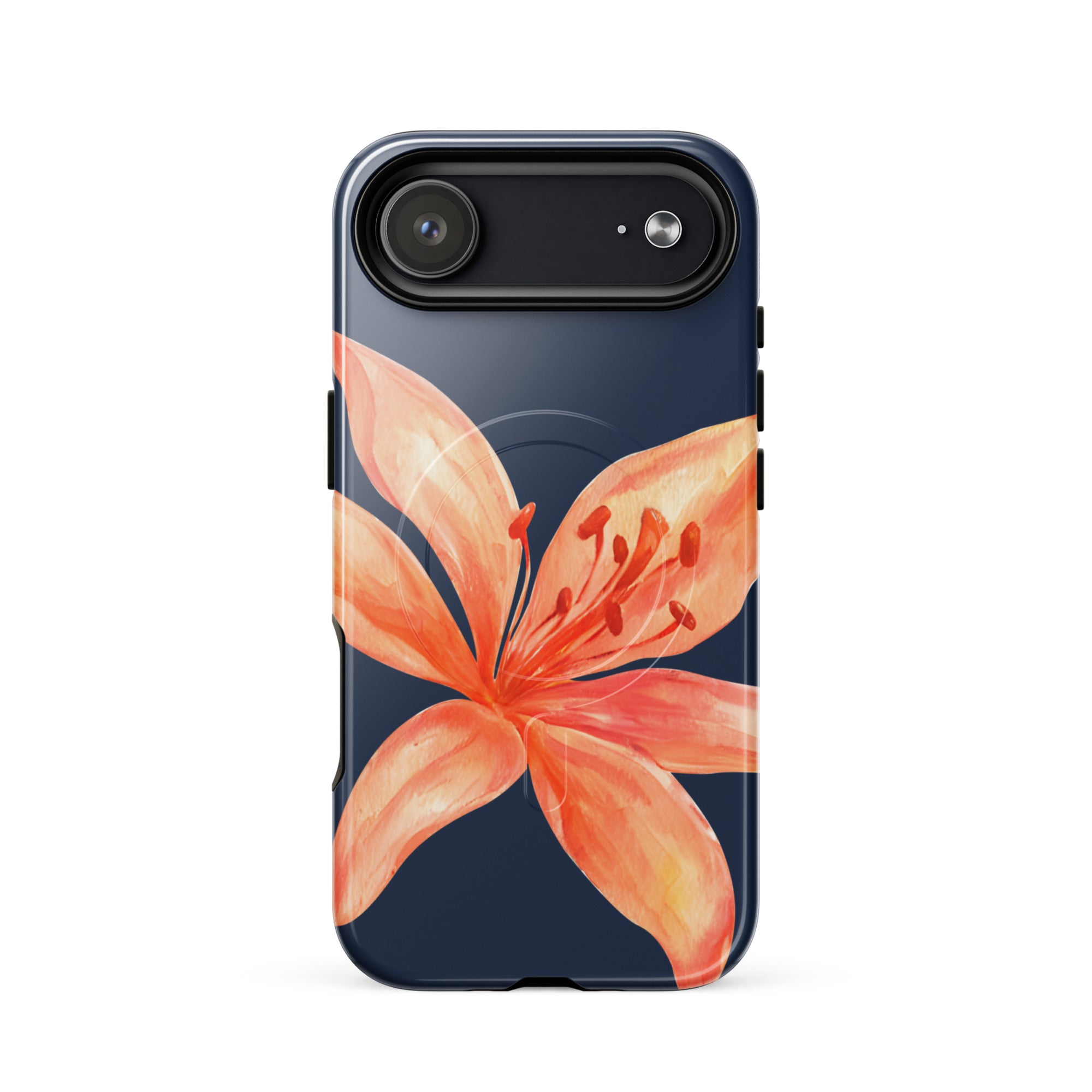 MagSafe Floral iPhone Case Tiger Lily Print - Dual-Layer Protection With MagSafe Charging featuring orange tiger lily on navy background