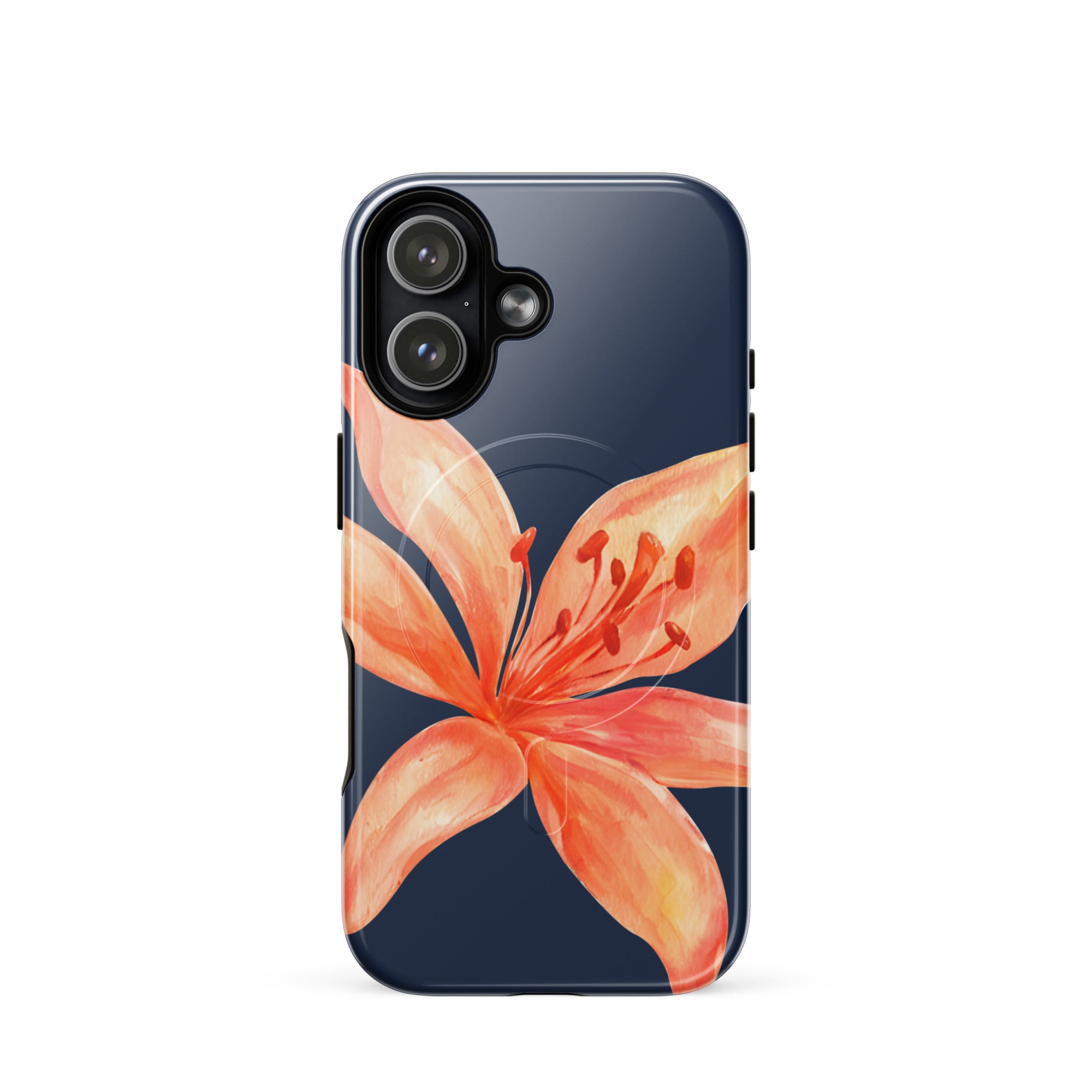 MagSafe Floral iPhone Case Tiger Lily Print - Dual-Layer Protection With MagSafe Charging featuring a vibrant orange tiger lily design on navy background