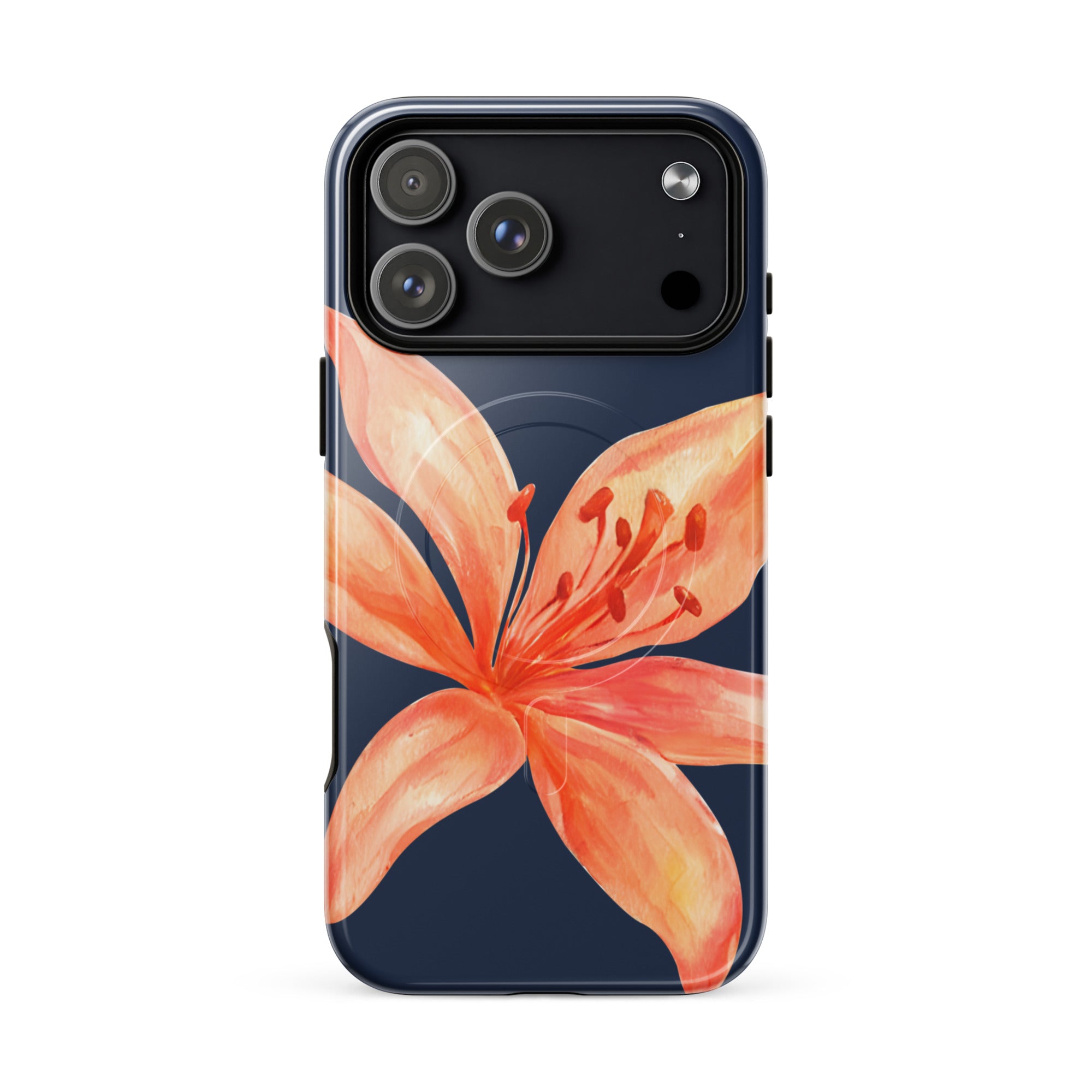 MagSafe Floral iPhone Case Tiger Lily Print - Dual-Layer Protection With MagSafe Charging with orange flower design on navy background
