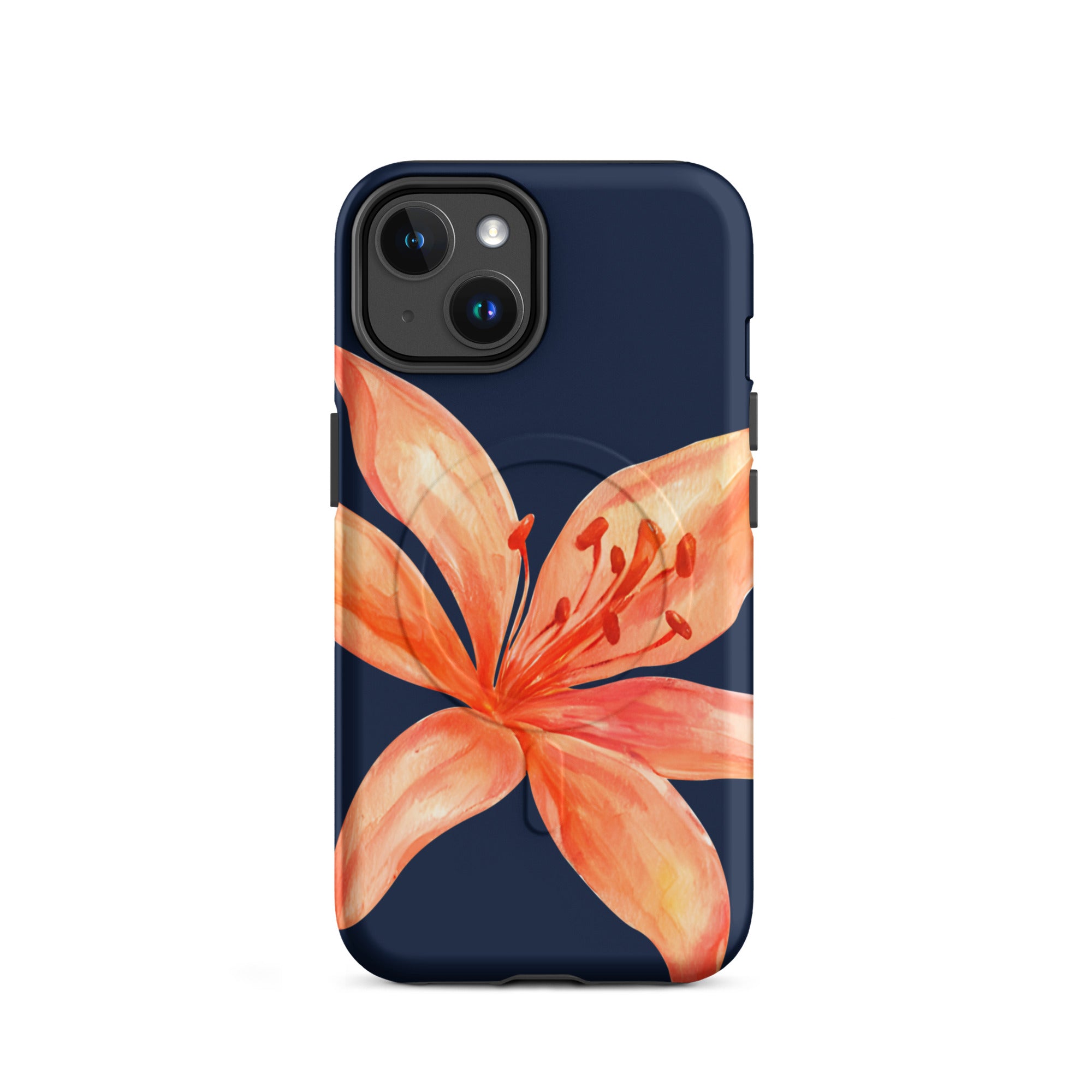 MagSafe Floral iPhone Case Tiger Lily Print - Dual-Layer Protection With MagSafe Charging with orange lily on navy background