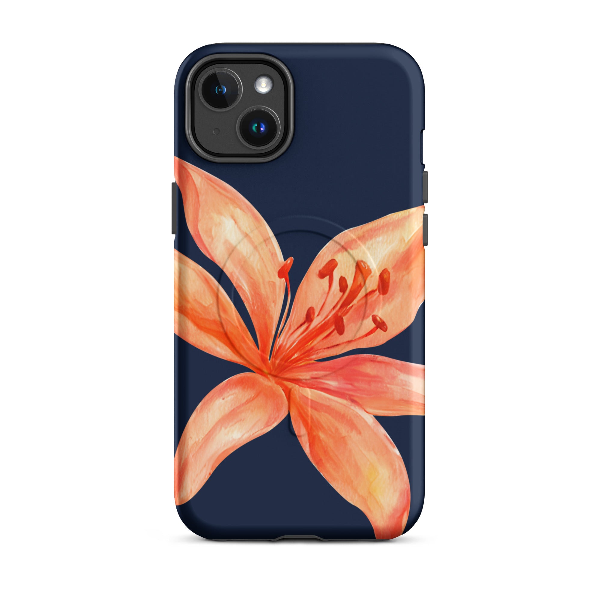 MagSafe Floral iPhone Case Tiger Lily Print - Dual-Layer Protection With MagSafe Charging showing a navy case with orange floral design