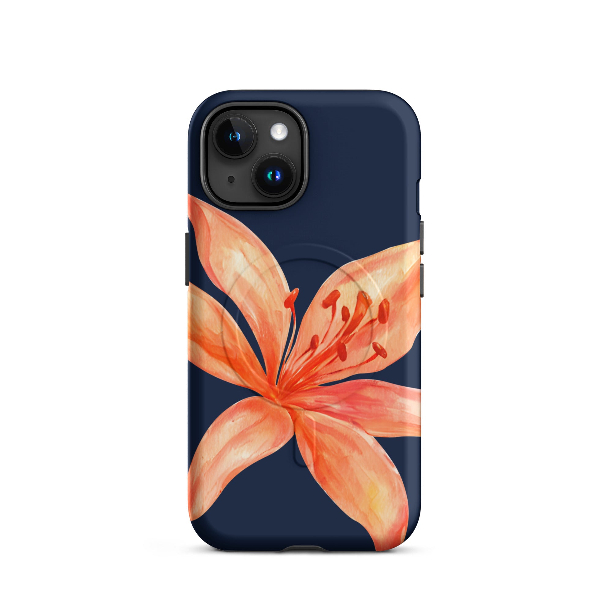 MagSafe Floral iPhone Case Tiger Lily Print - Dual-Layer Protection With MagSafe Charging navy case with orange tiger lily design
