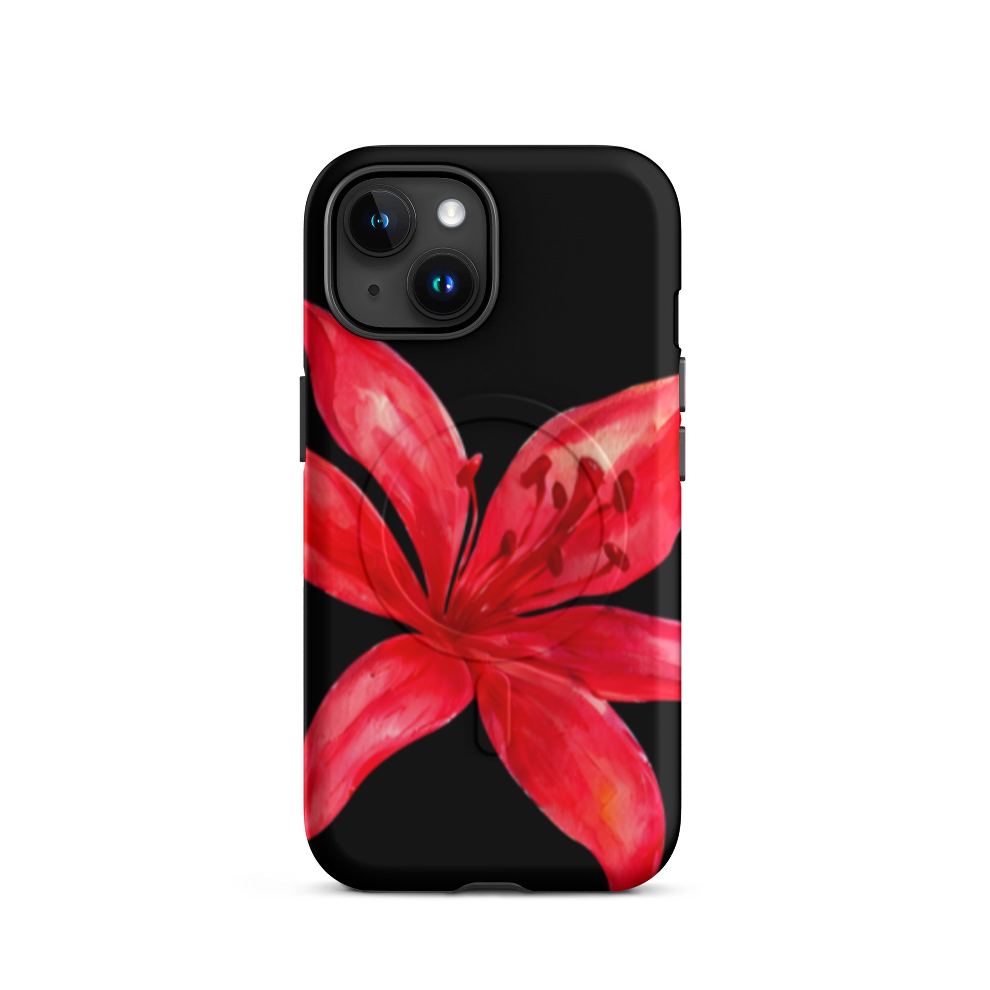 Tiger Lily MagSafe Floral Phone Case - Dual Layer Protection With Bold Floral Tiger Lily Design in vibrant red on black background