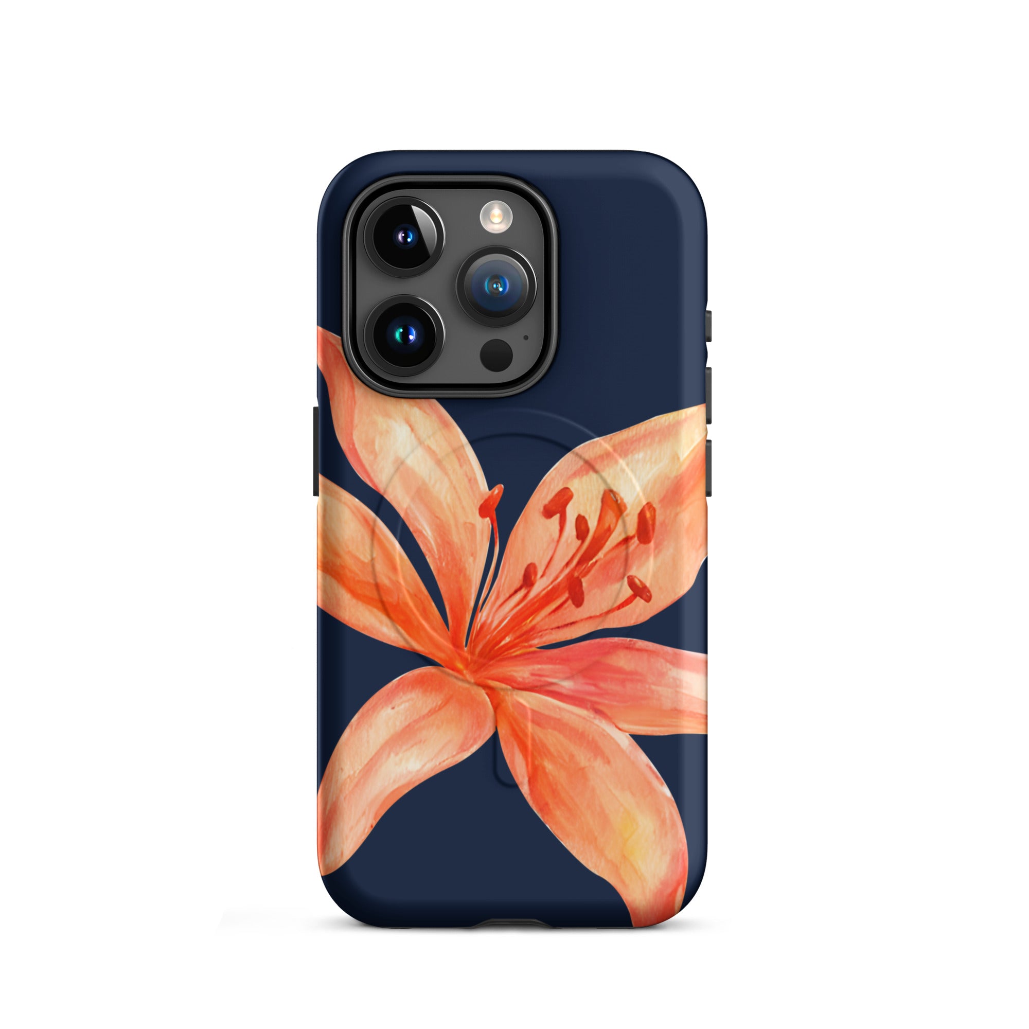 MagSafe Floral iPhone Case Tiger Lily Print - Dual-Layer Protection With MagSafe Charging showing orange tiger lily on navy background