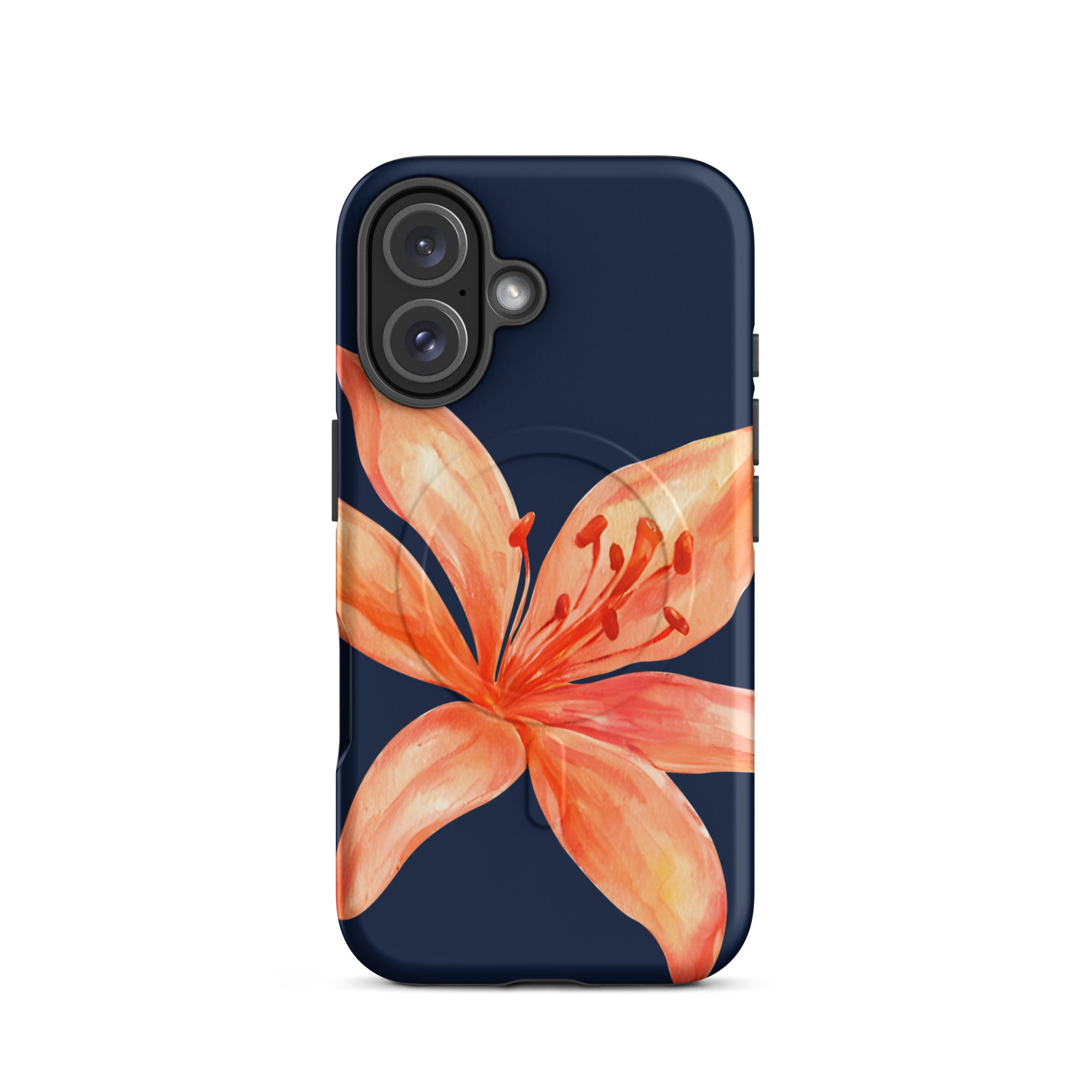MagSafe Floral iPhone Case Tiger Lily Print - Dual-Layer Protection With MagSafe Charging with orange flower on navy background