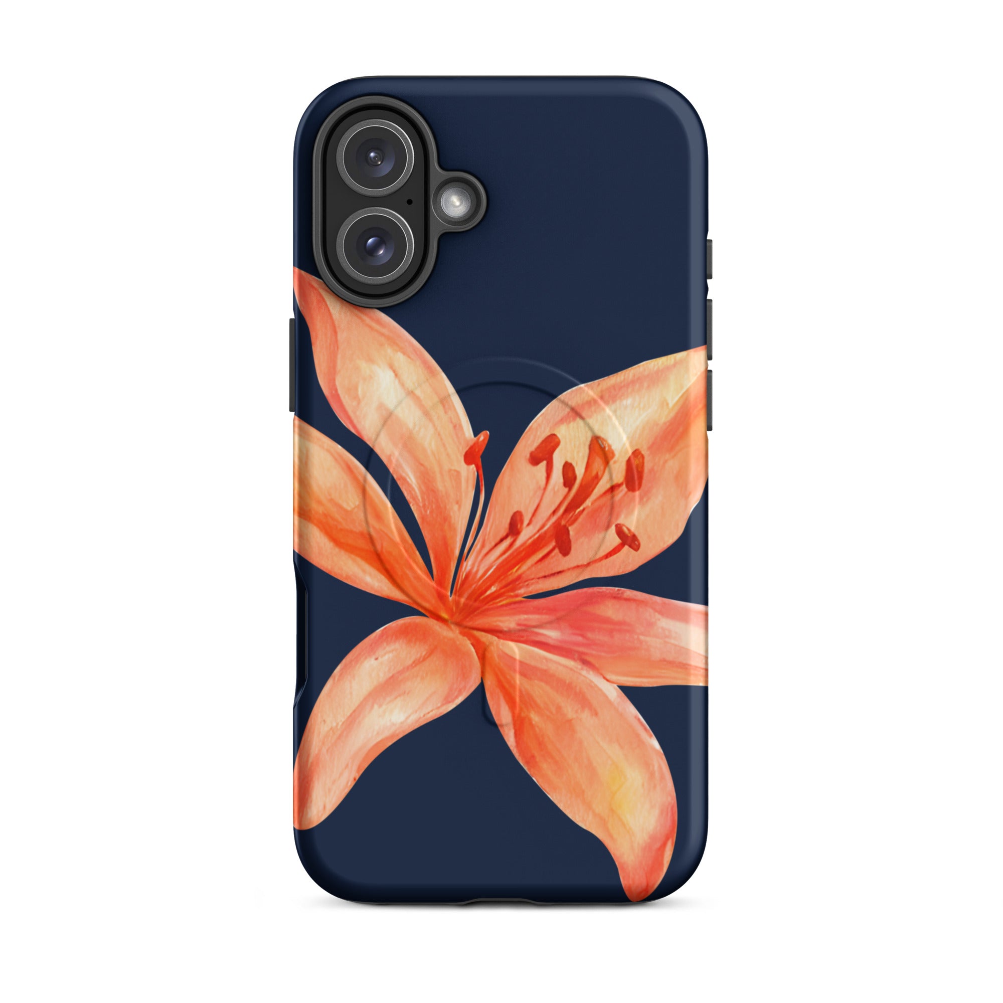 MagSafe Floral iPhone Case Tiger Lily Print - Dual-Layer Protection With MagSafe Charging with orange lily design on navy background