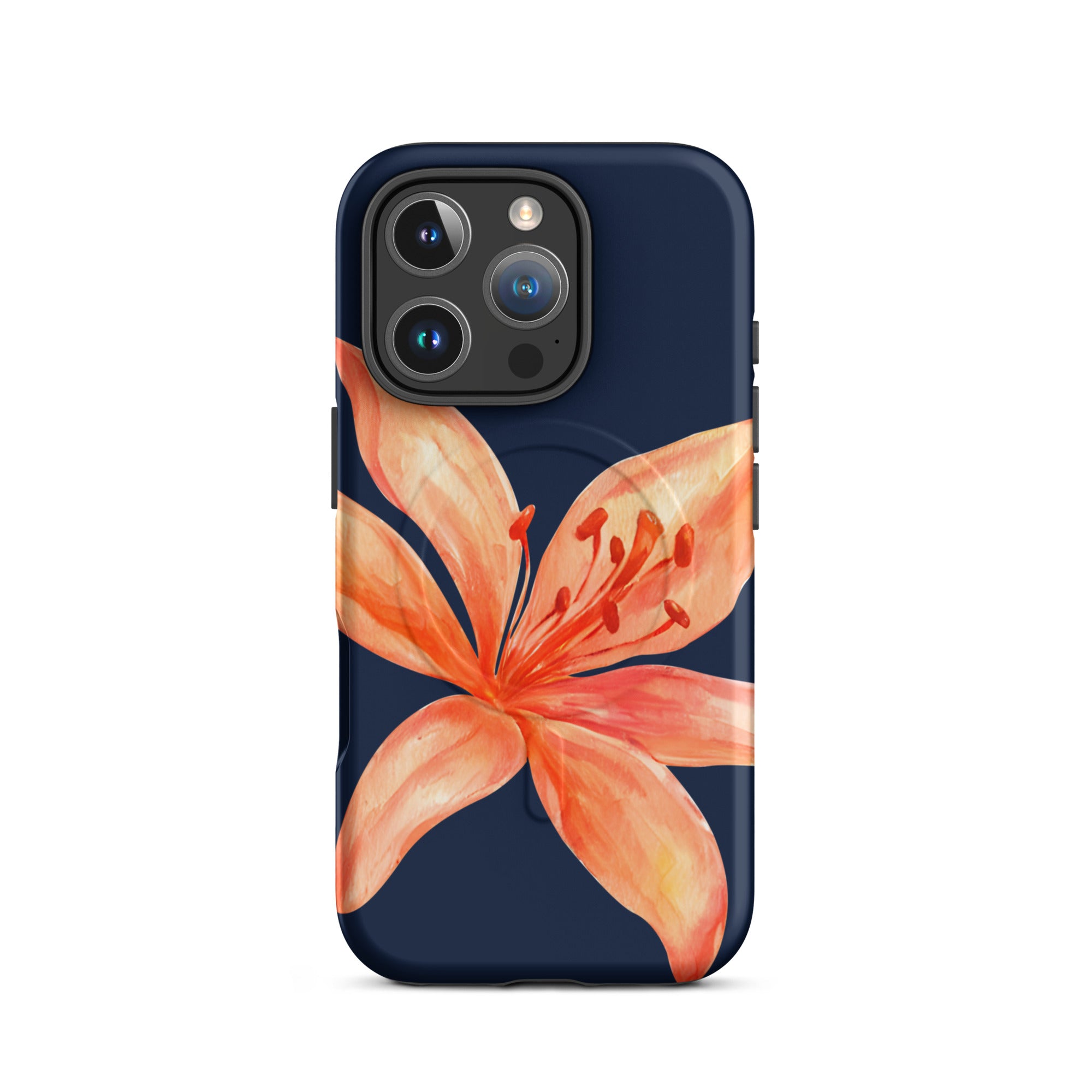 MagSafe Floral iPhone Case Tiger Lily Print - Dual-Layer Protection With MagSafe Charging featuring orange tiger lily design on dark background