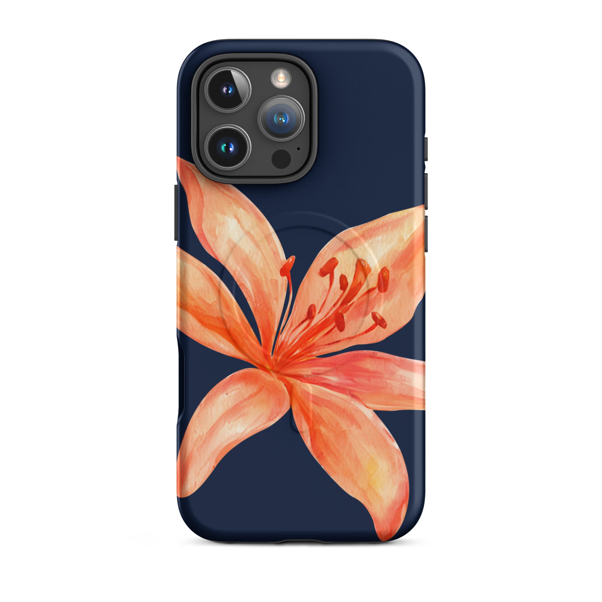 MagSafe Floral iPhone Case Tiger Lily Print - Dual-Layer Protection With MagSafe Charging featuring a vibrant orange lily on navy background.