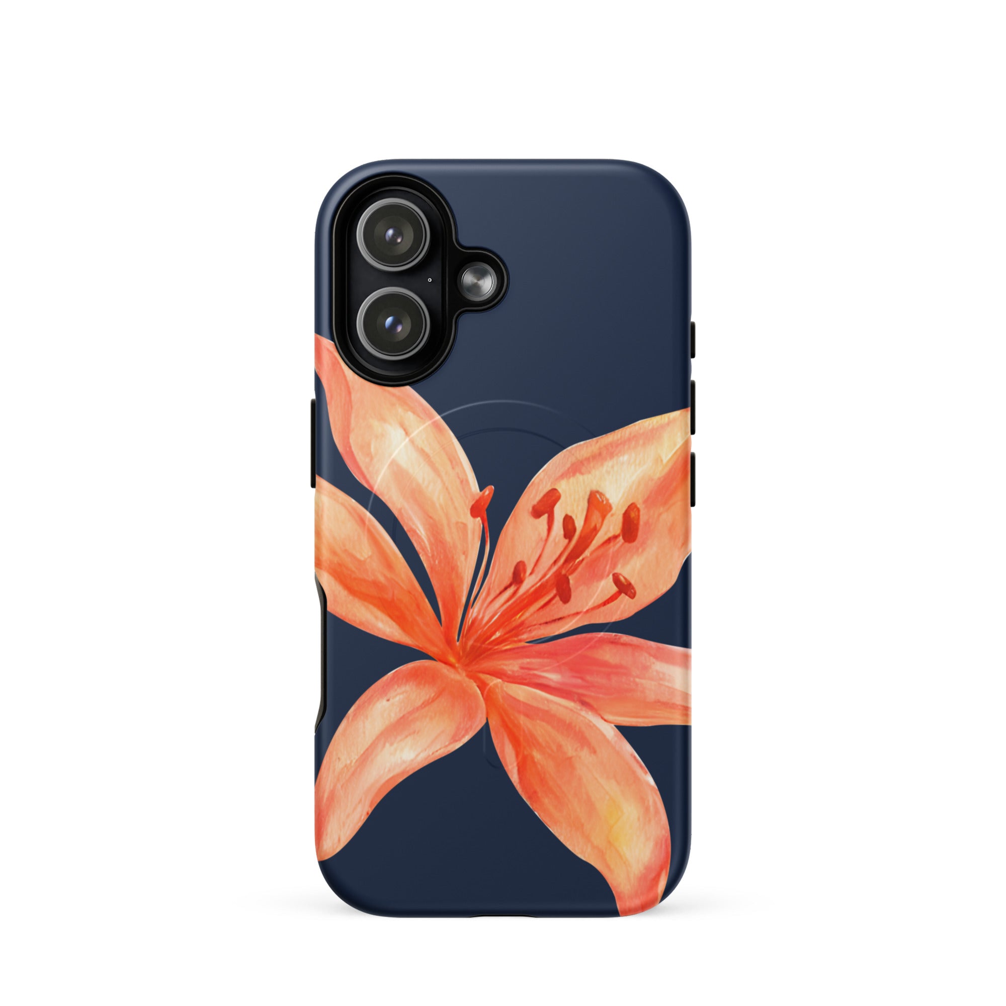 MagSafe Floral iPhone Case Tiger Lily Print - Dual-Layer Protection With MagSafe Charging with orange flower design on navy background
