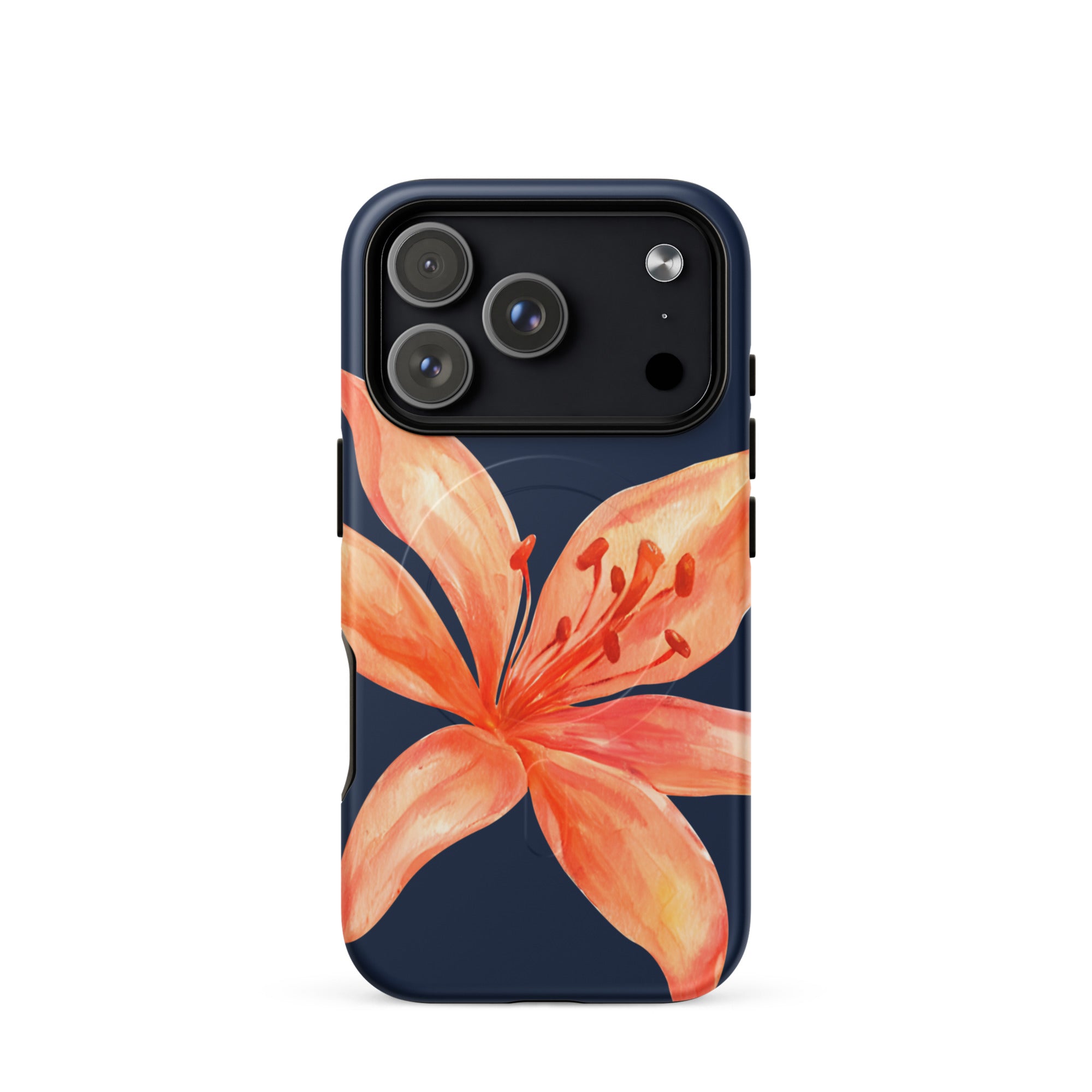 MagSafe Floral iPhone Case Tiger Lily Print - Dual-Layer Protection With MagSafe Charging featuring orange tiger lily on navy blue background