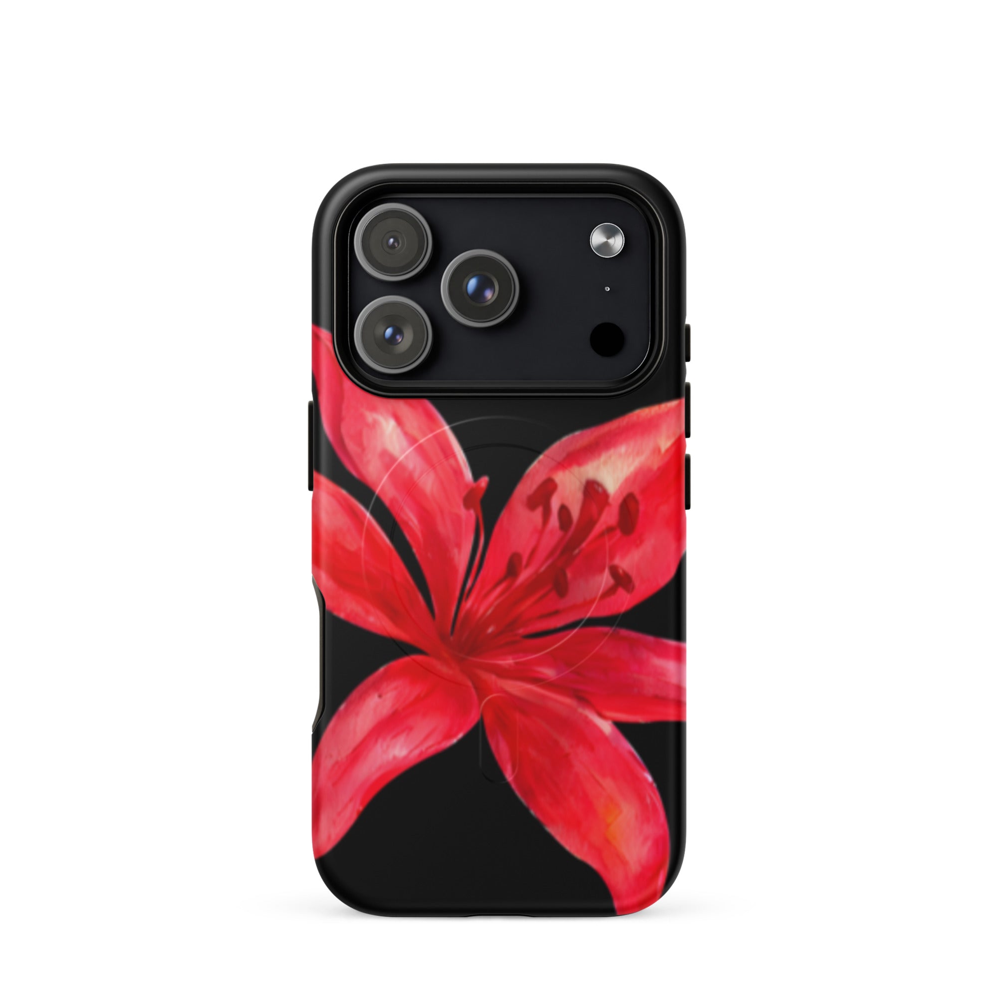 Tiger Lily MagSafe Floral Phone Case - Dual Layer Protection With Bold Floral Tiger Lily Design featuring vibrant red flower on black background