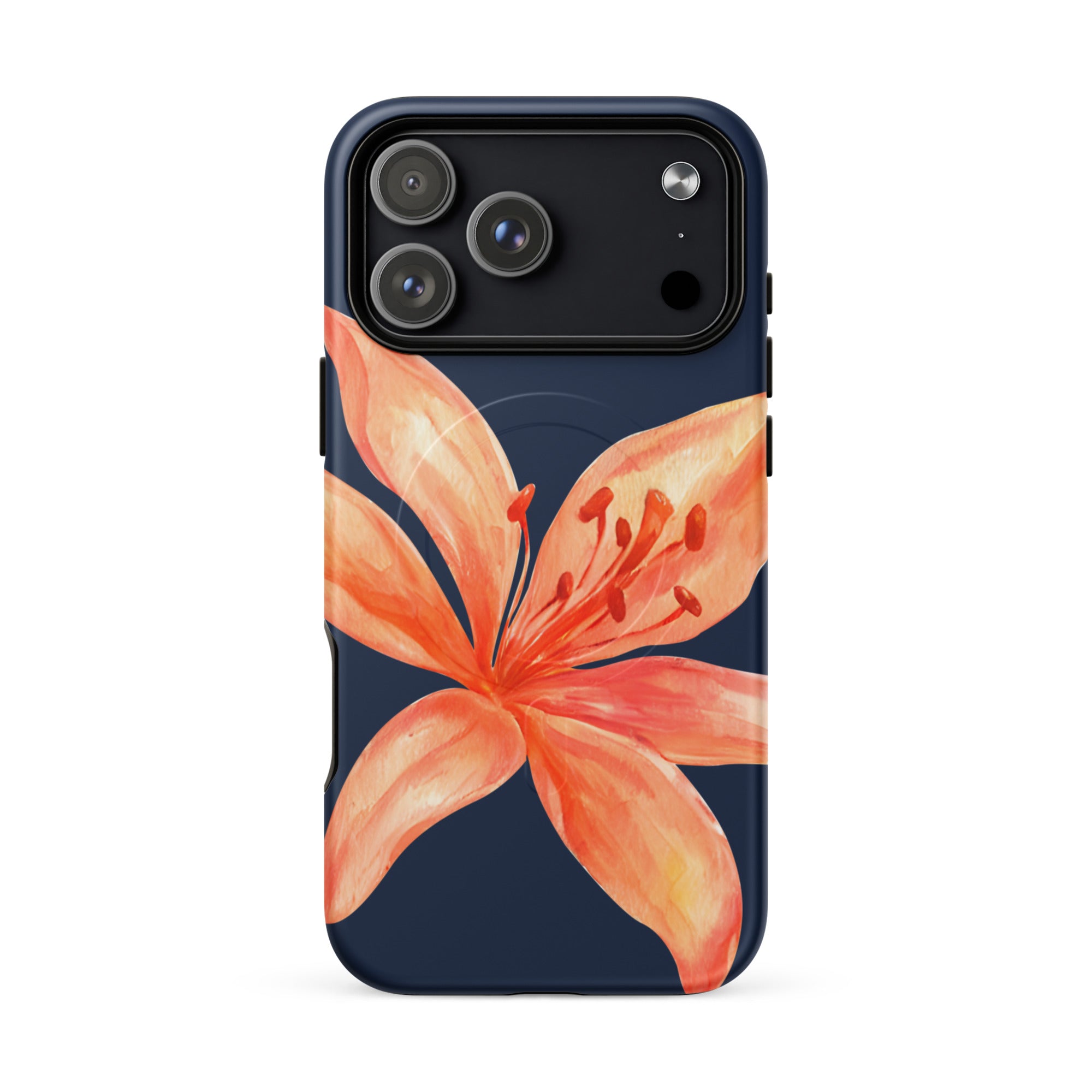 MagSafe Floral iPhone Case Tiger Lily Print - Dual-Layer Protection With MagSafe Charging featuring orange tiger lily on navy background