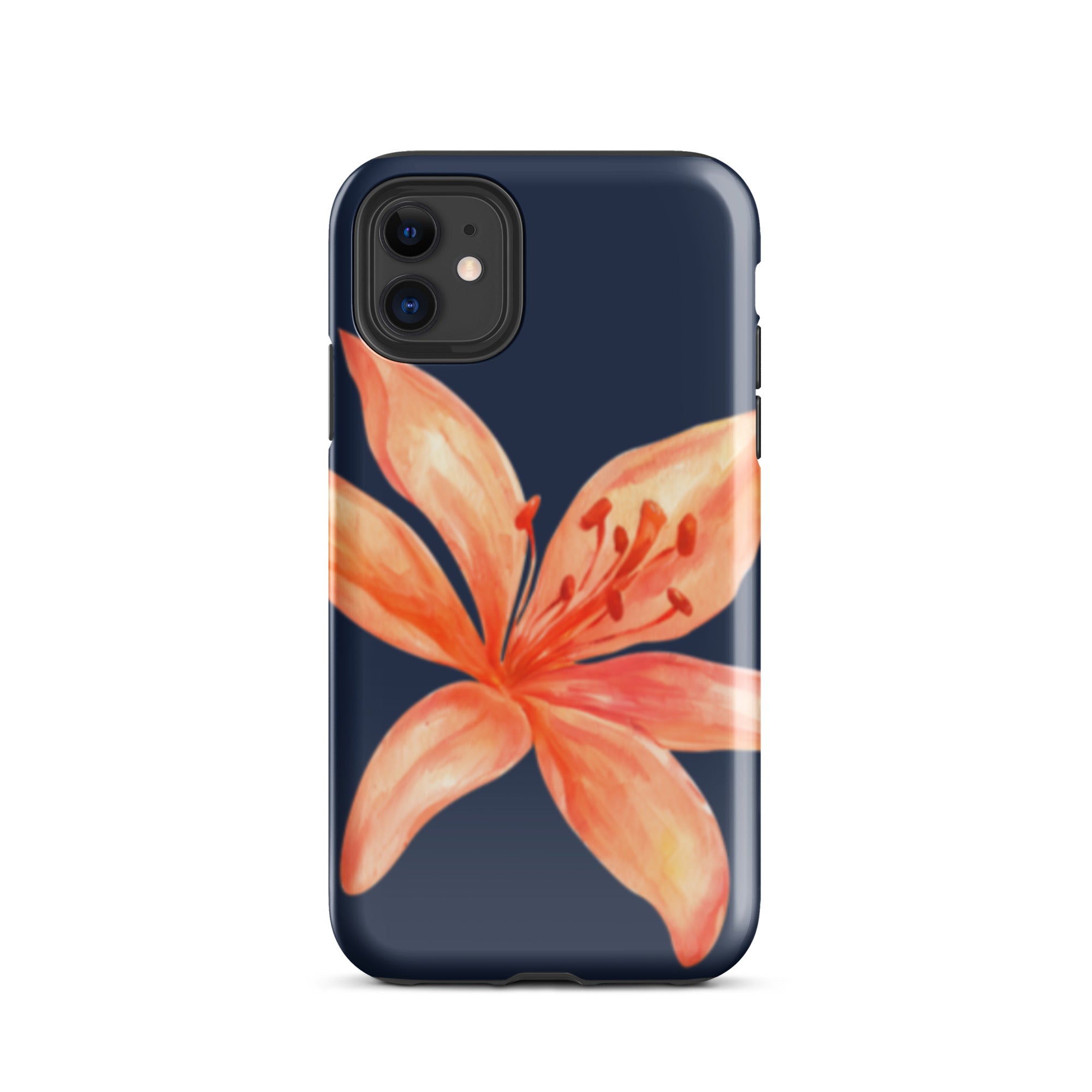 Coral Tiger Lily iPhone Case - Y2K Floral Navy With Glossy Or Matte featuring a vibrant coral flower on navy background