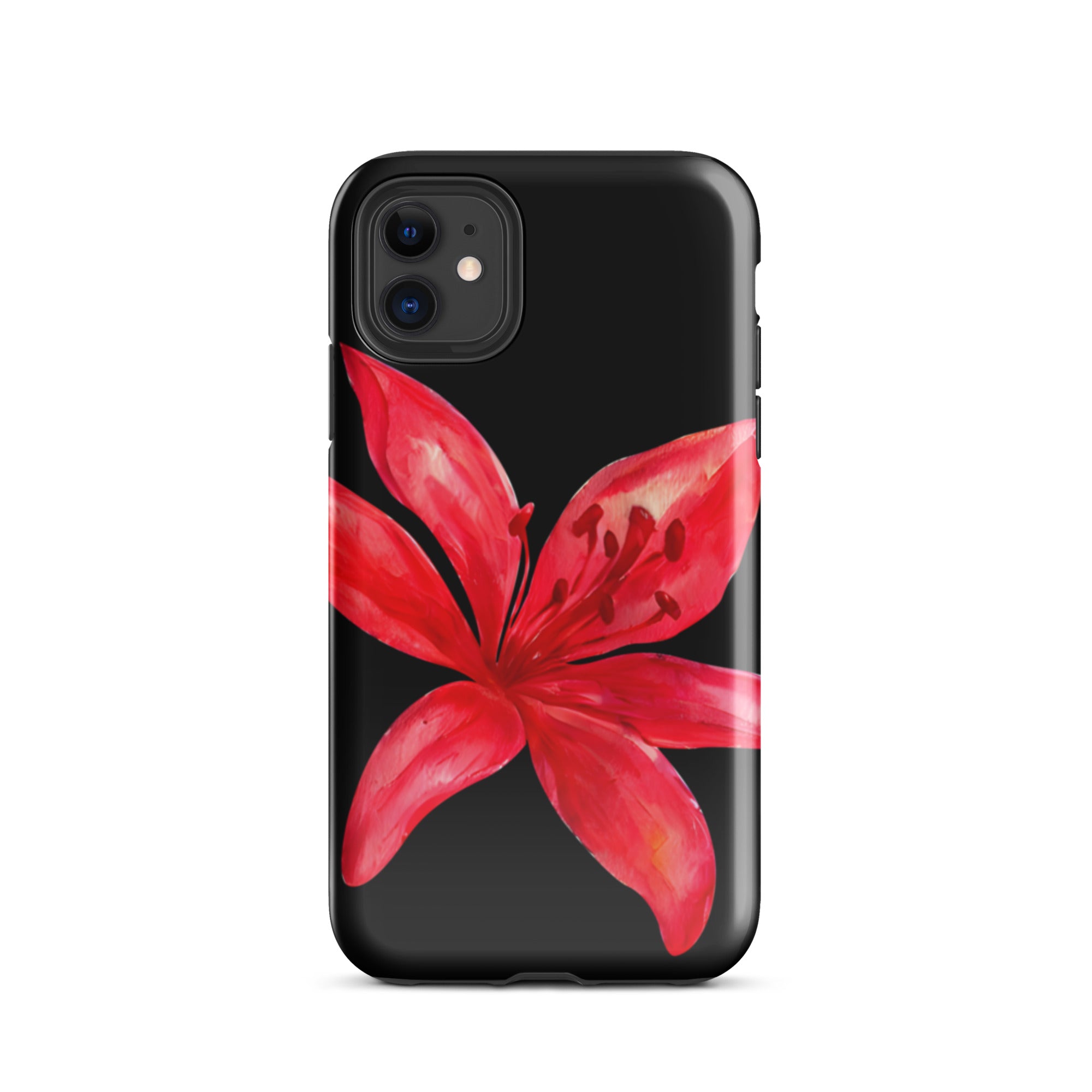 Red Tiger Lily IPhone Case - Y2K Floral Black Phone Case With Dual Layer Protection In Glossy Or Matte Finish with red flower design