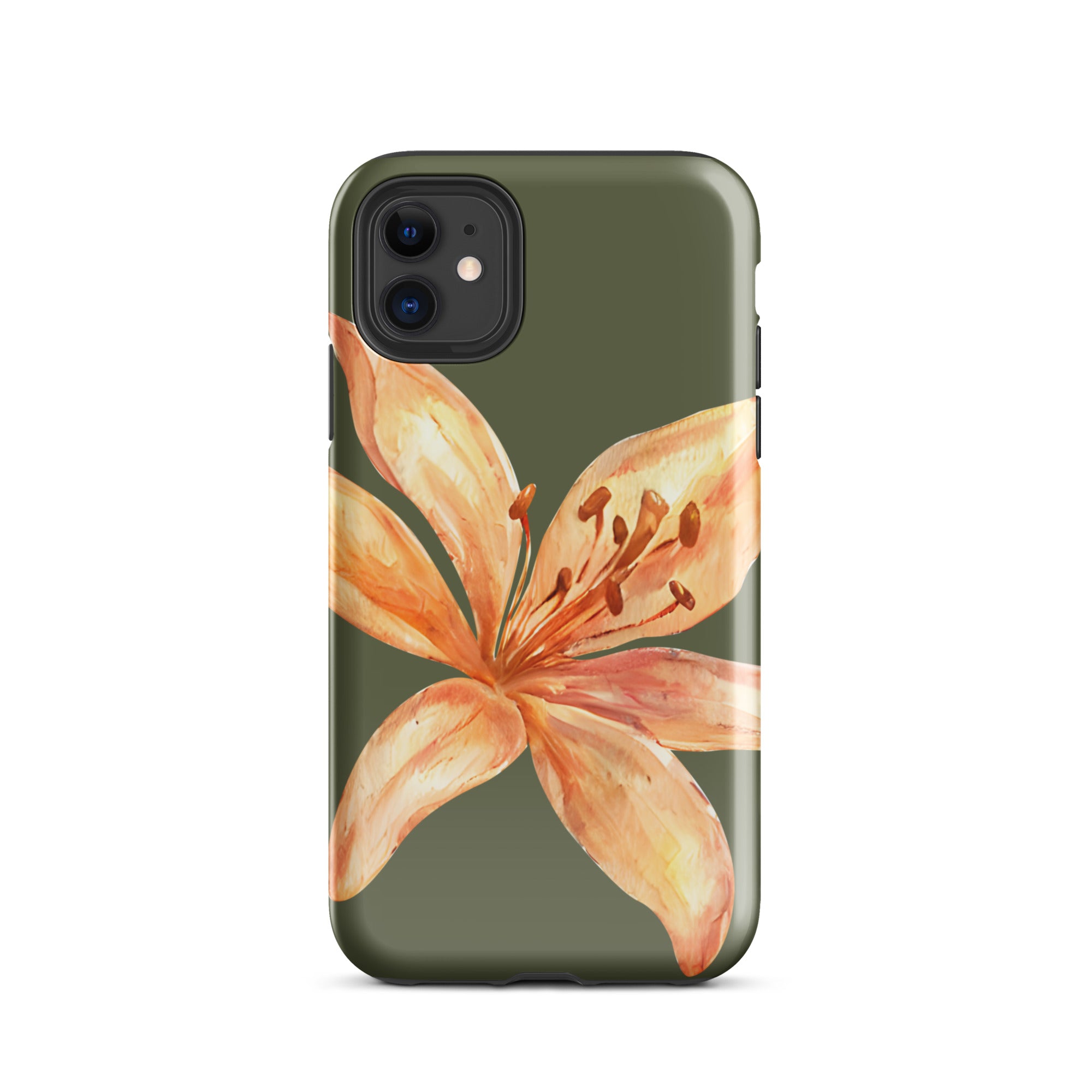 Tiger Lily IPhone Case - Botanical Art Floral y2k preppy Phone cover with orange lily design on olive green background