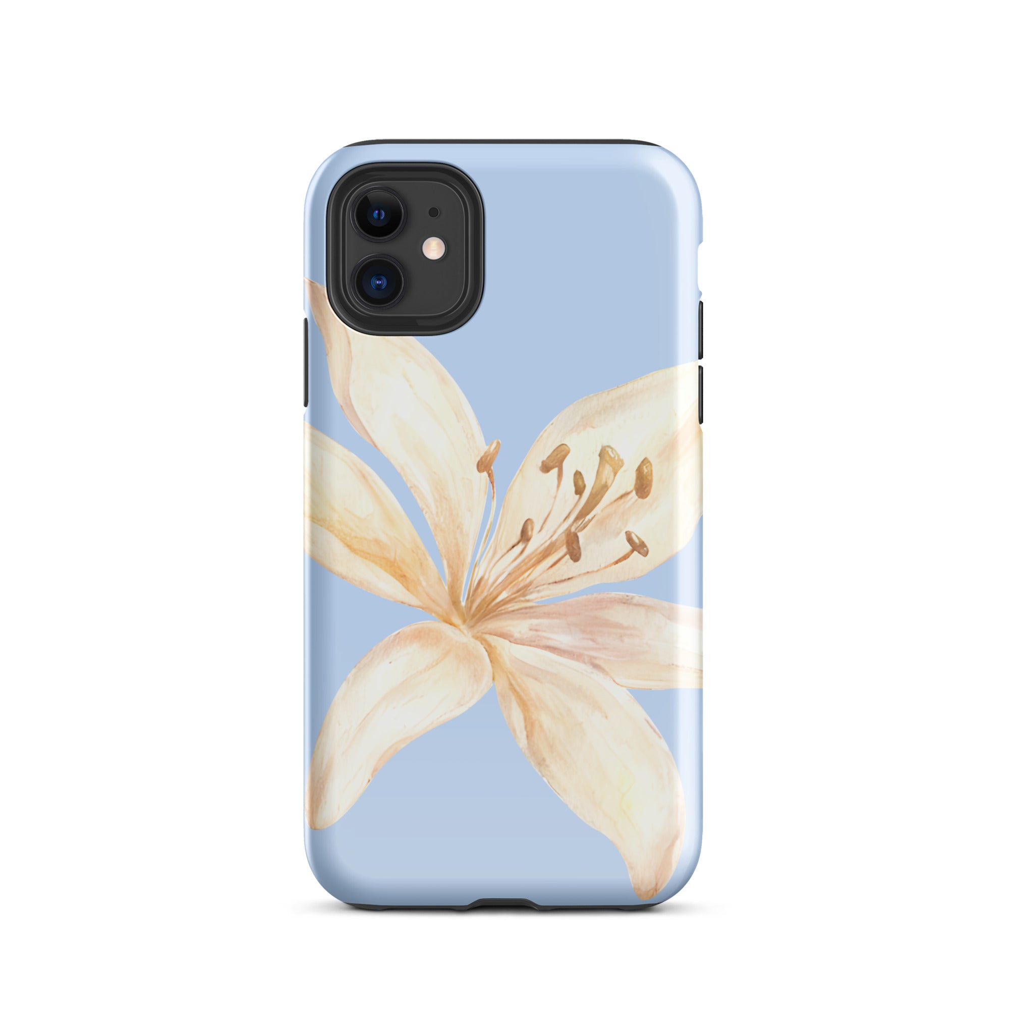 Sky Blue Off White Tiger Lily IPhone Case - Floral y2k preppy phone cover with a delicate lily design on blue background
