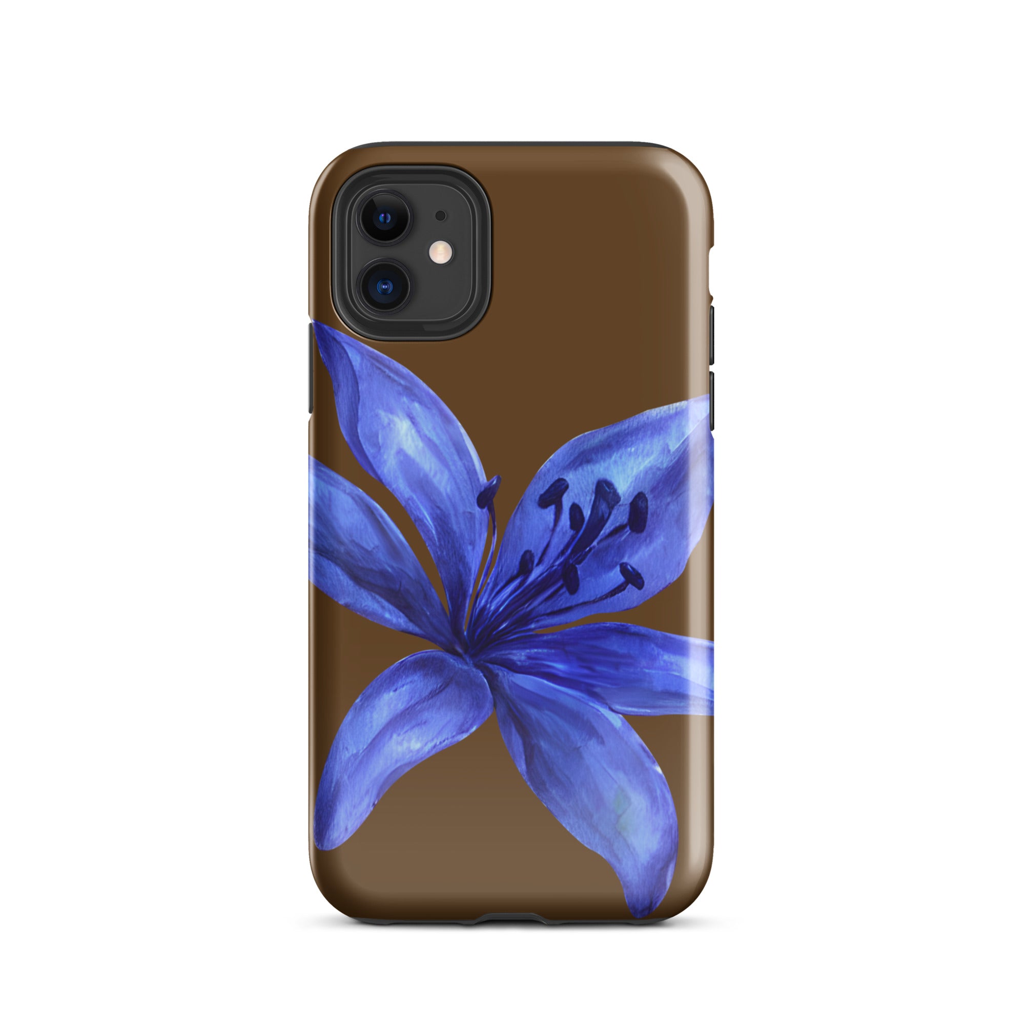 Tiger Lily Brown and Blue Tiger Lily iPhone Case - Dual Layer Protection With Impact Resistant Polycarbonate featuring a large blue flower design.