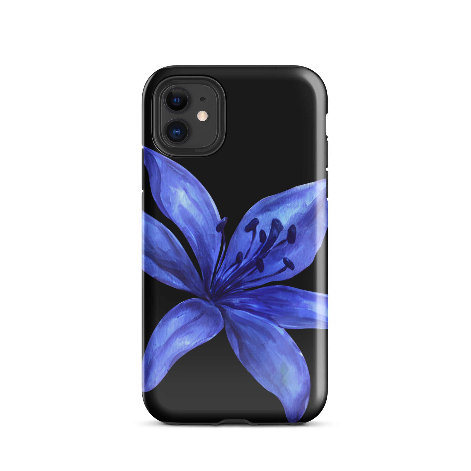 Blue tiger lily iPhone case on black background with dual-layer polycarbonate shell and TPU lining.