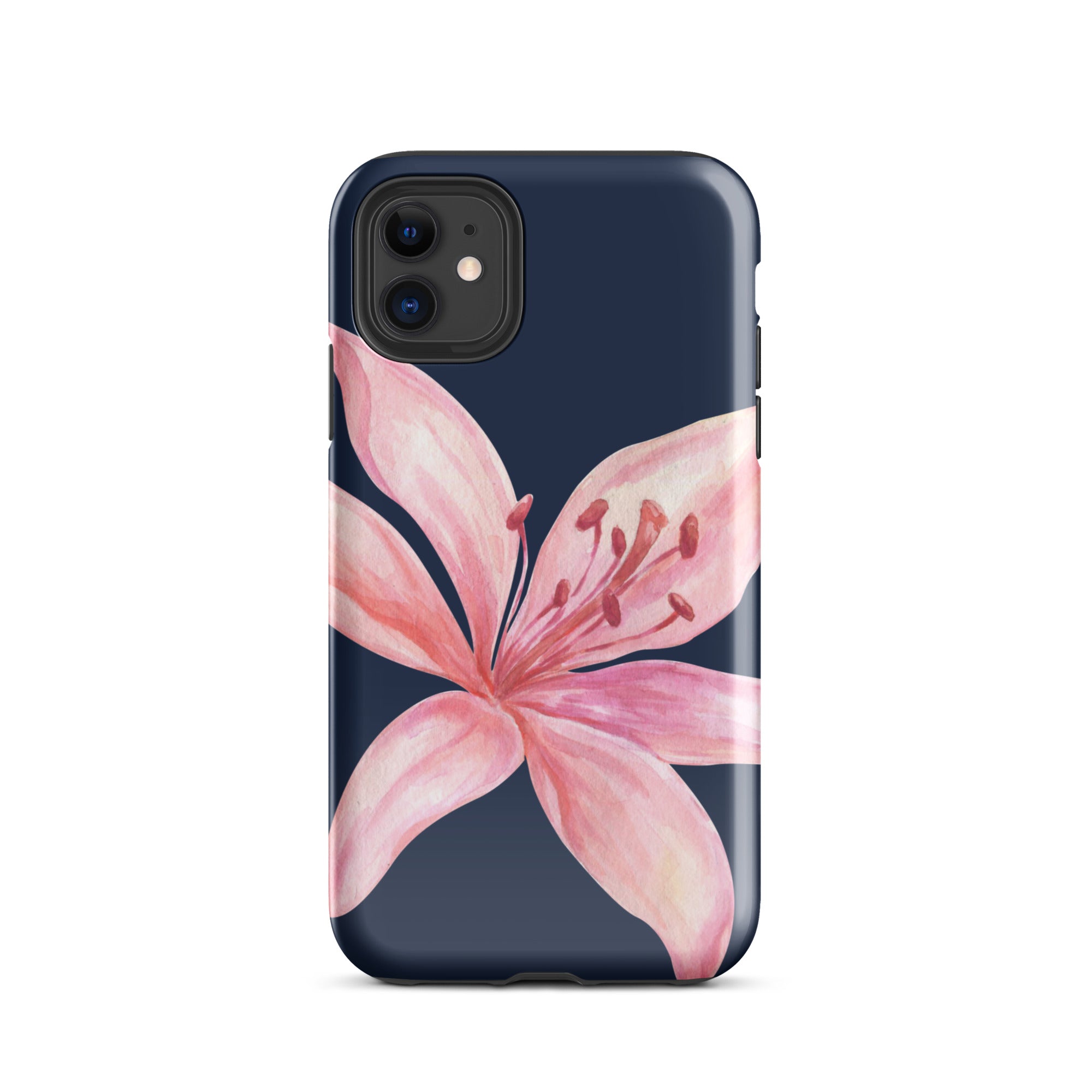Blue navy iPhone case with pink tiger lily blossom and dual-layer protection