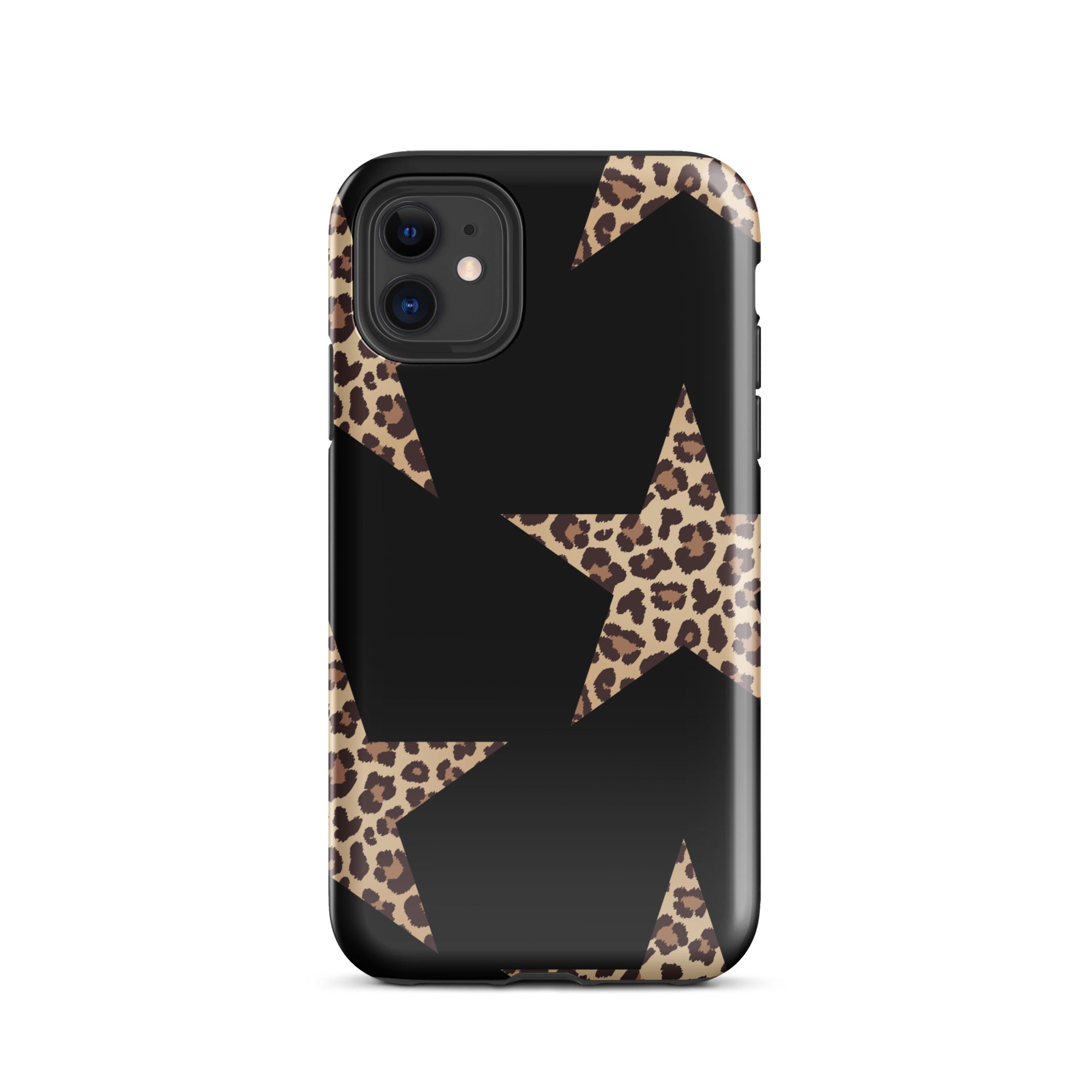 Black iPhone case with leopard-print star accents and dual-layer protection.