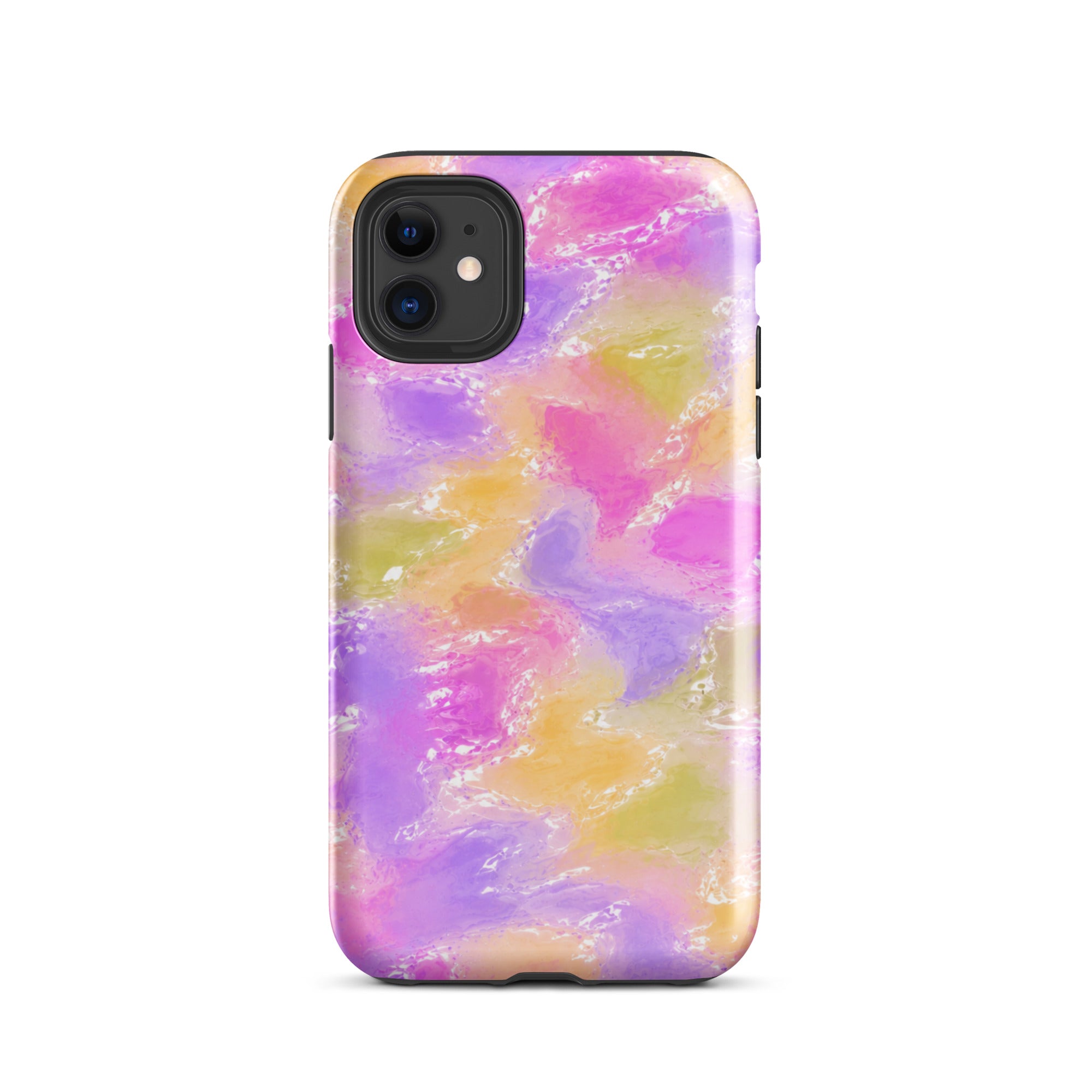 Close-up of iPhone camera with protective colorful case