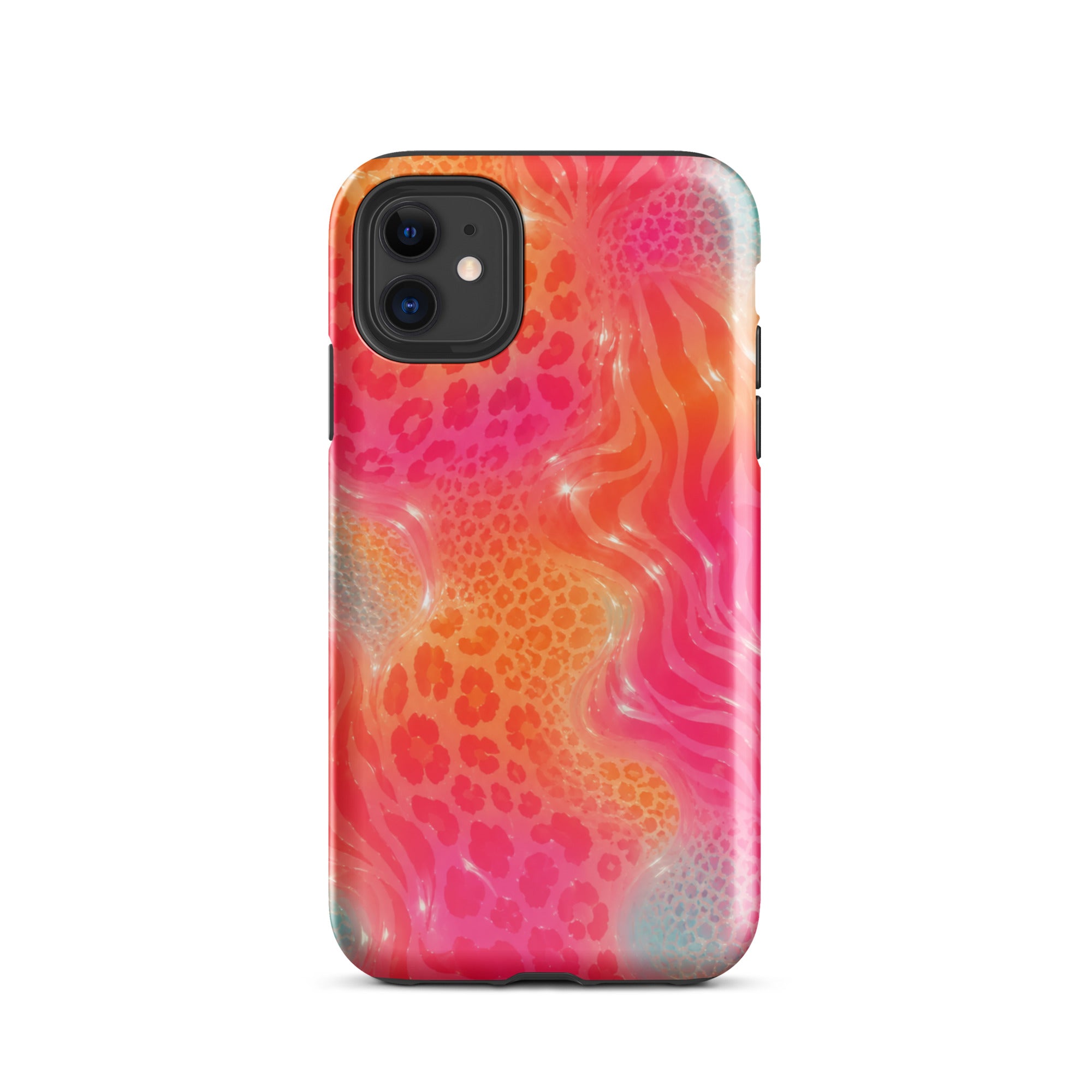 Close-up of camera cutout on animal print iPhone case