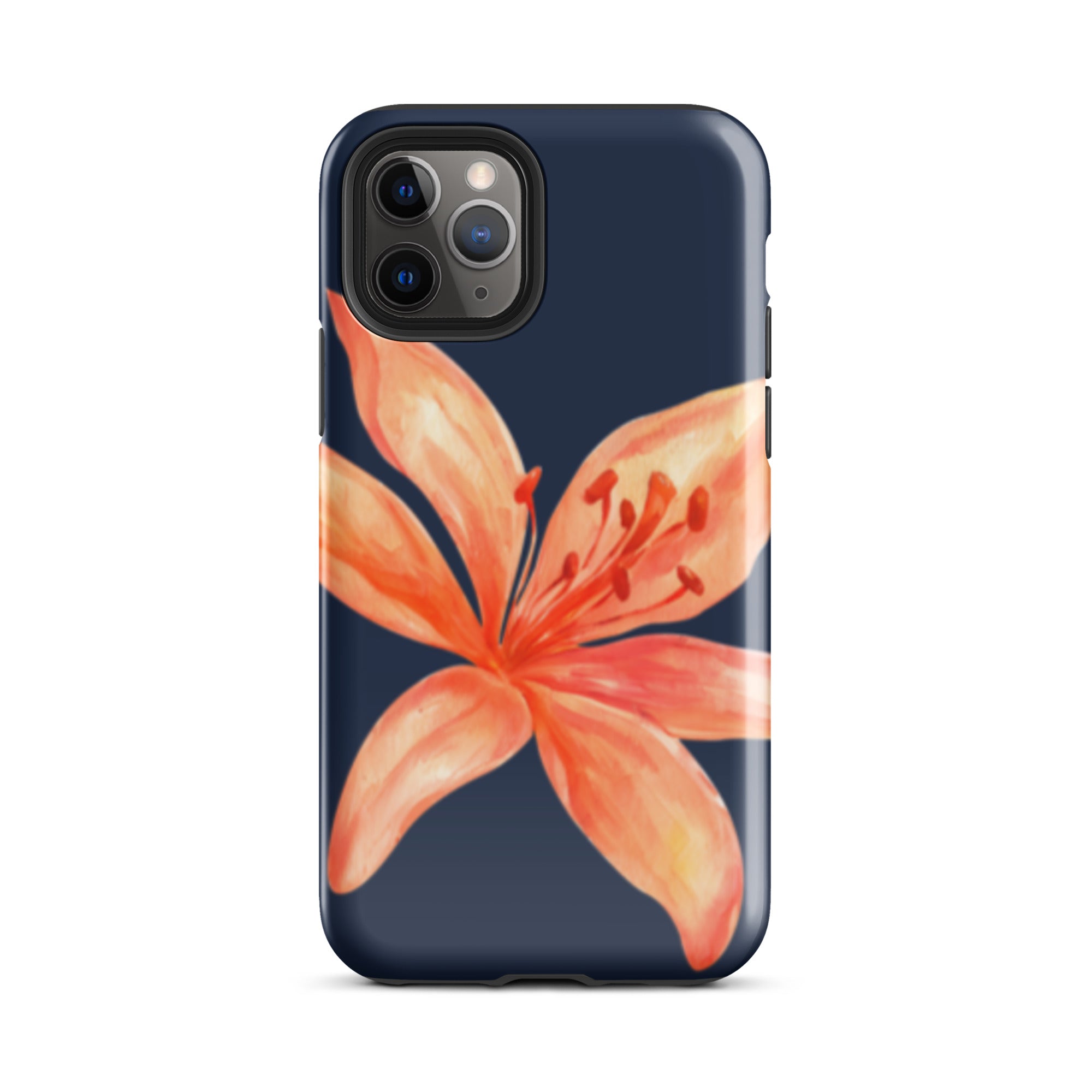 Coral Tiger Lily iPhone Case - Y2K Floral Navy With Glossy Or Matte showing an orange flower on a navy background for iPhone cases.