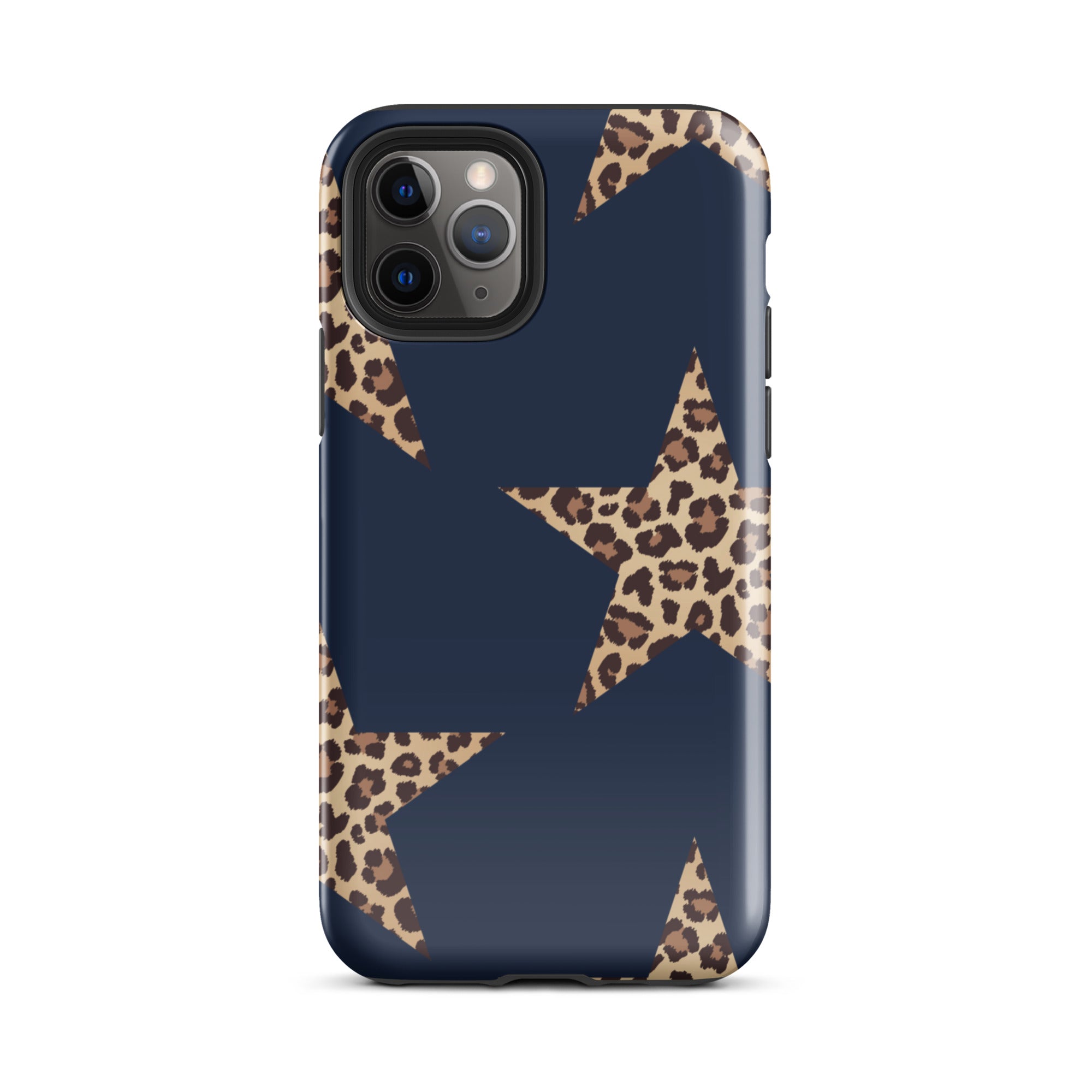 Navy Cheetah Stars iPhone Case - Leopard Star phone cover Dual Layer Bold Style featuring cheetah print stars on navy background trendy iPhone case