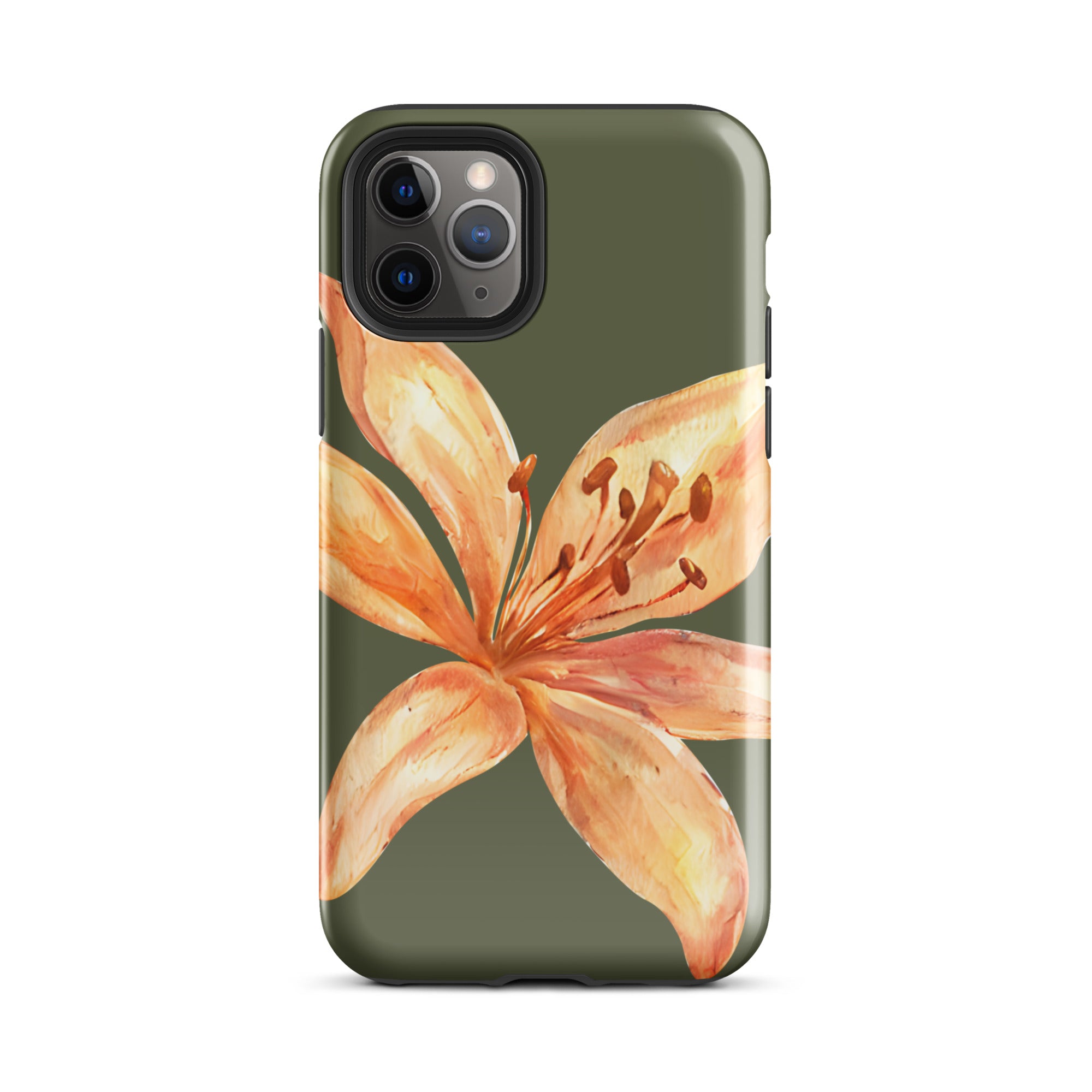 Tiger Lily IPhone Case - Botanical Art Floral y2k preppy Phone cover with orange lily on olive green background trendy phone case
