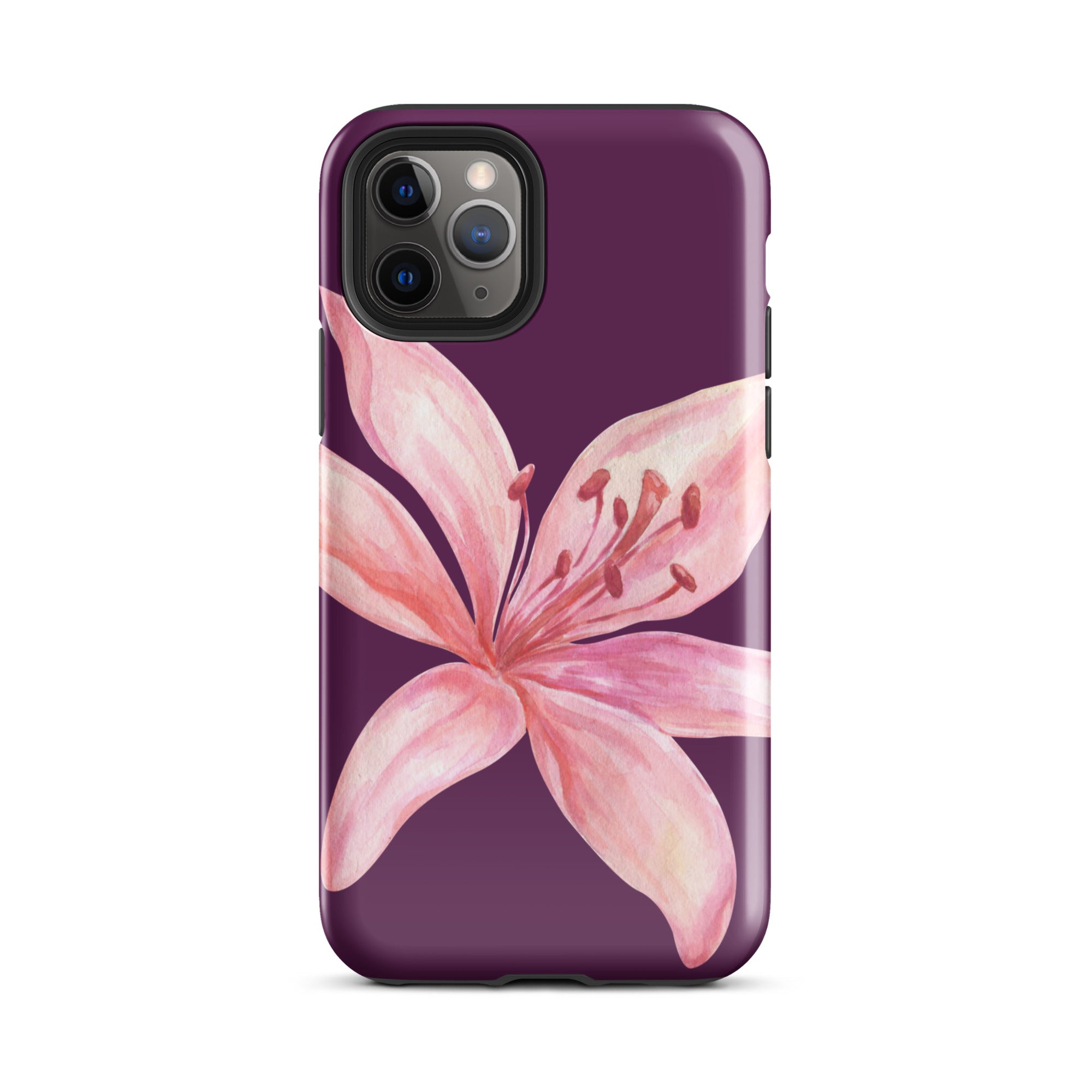 Tiger Lily Purple Pink iPhone Case - Dual Layer Protection With Polycarbonate Outer Shell featuring a large pink lily on purple background