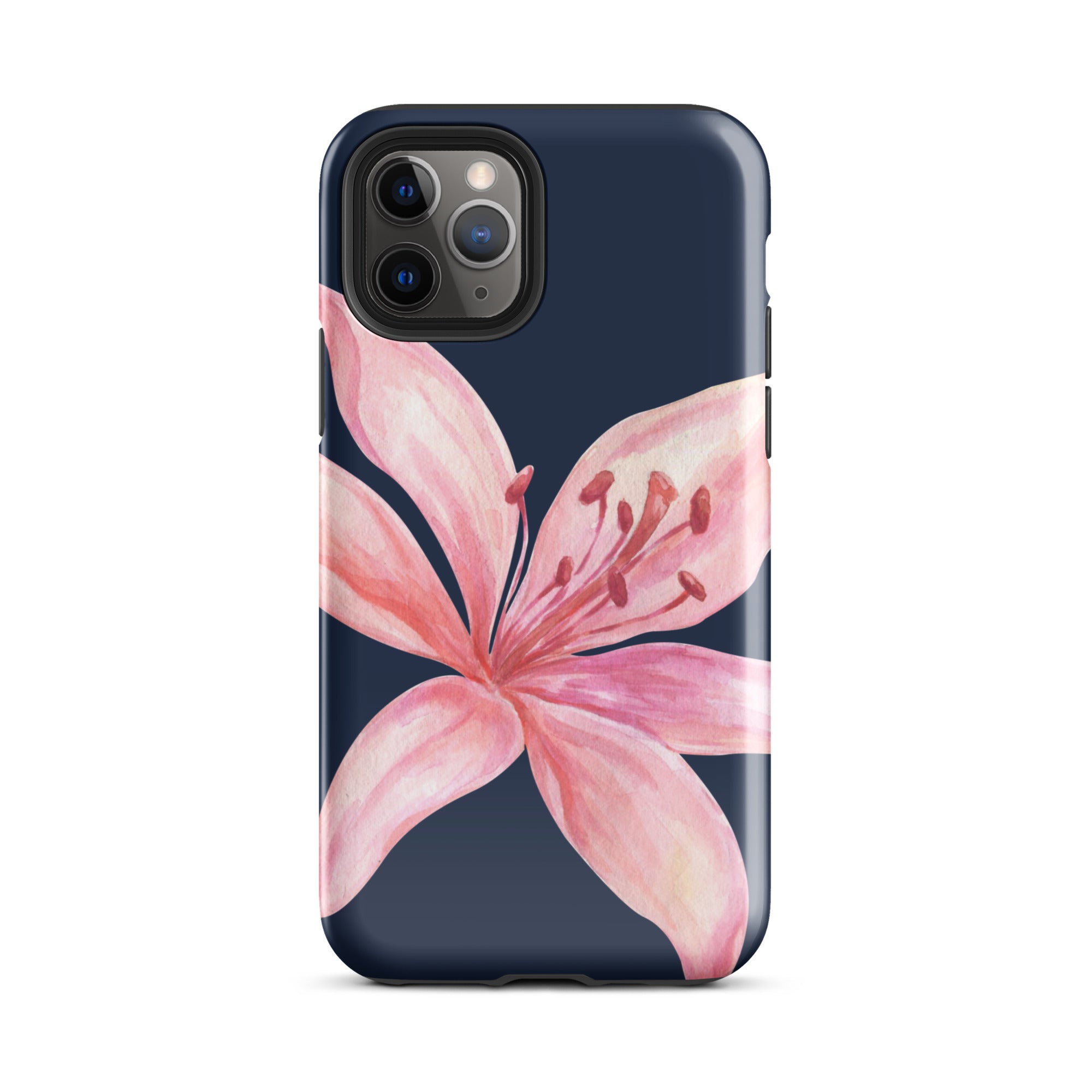 Blue pink tiger lily iPhone case; dual-layer with polycarbonate outer shell and TPU inner lining