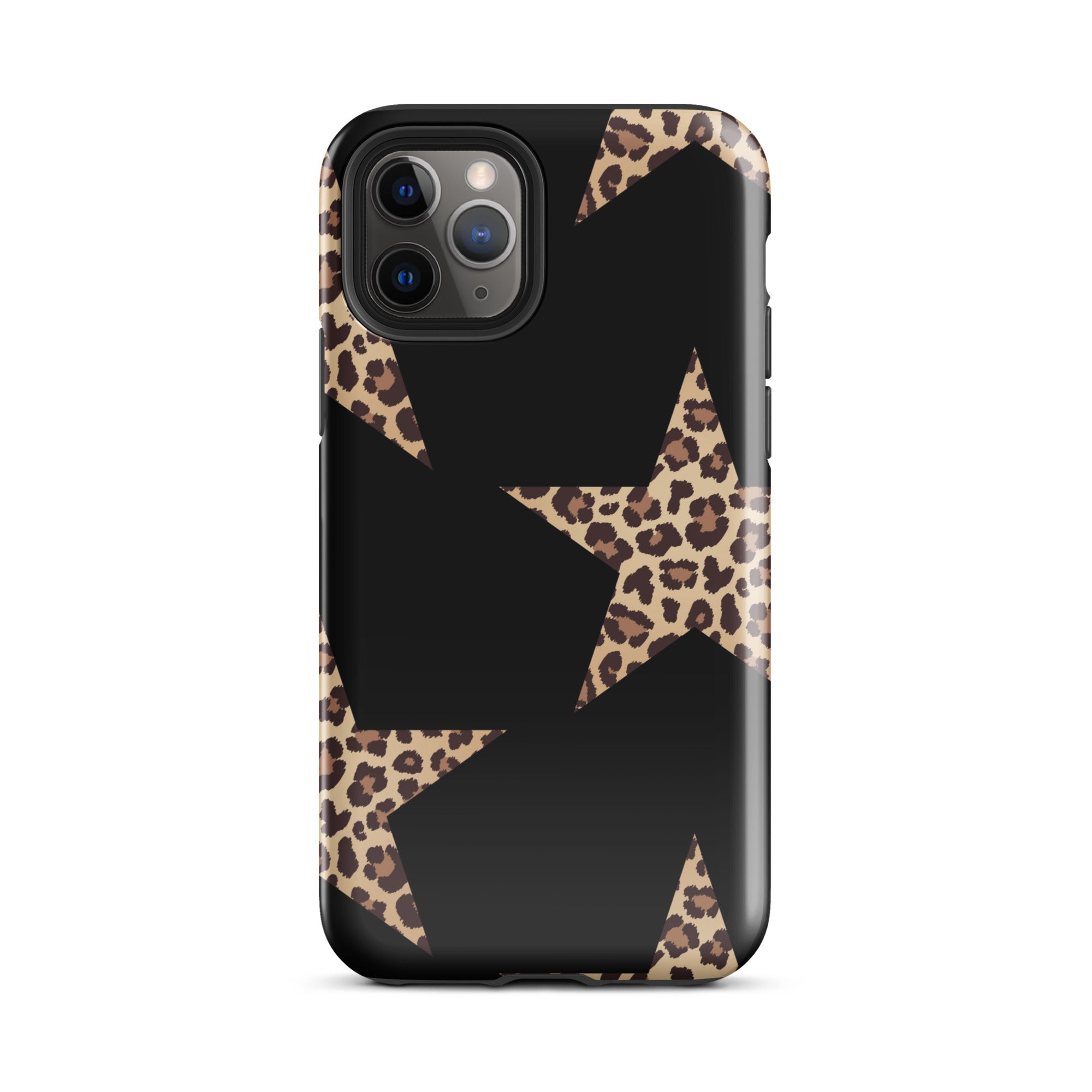 Black Cheetah Stars iPhone Case with leopard-star patterns on a black backdrop; dual-layer protection.