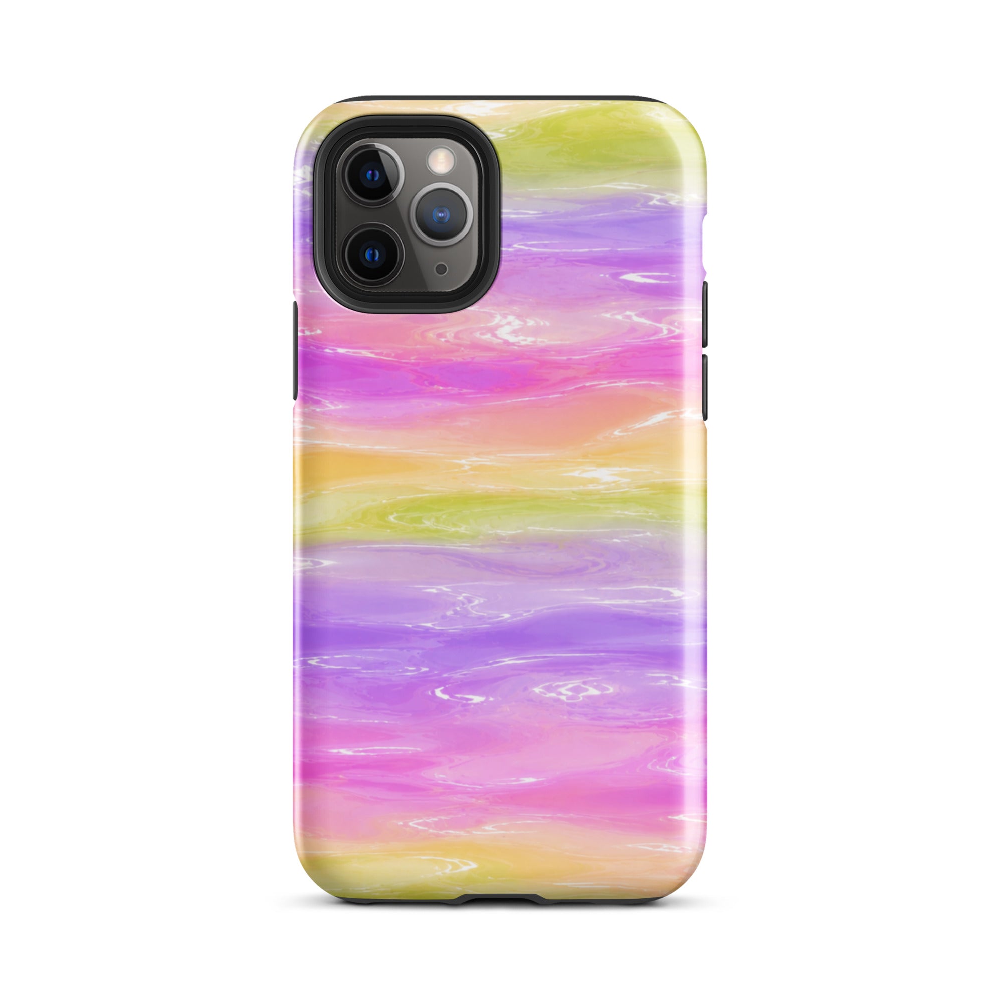 Side view of colorful marble iPhone case with triple camera