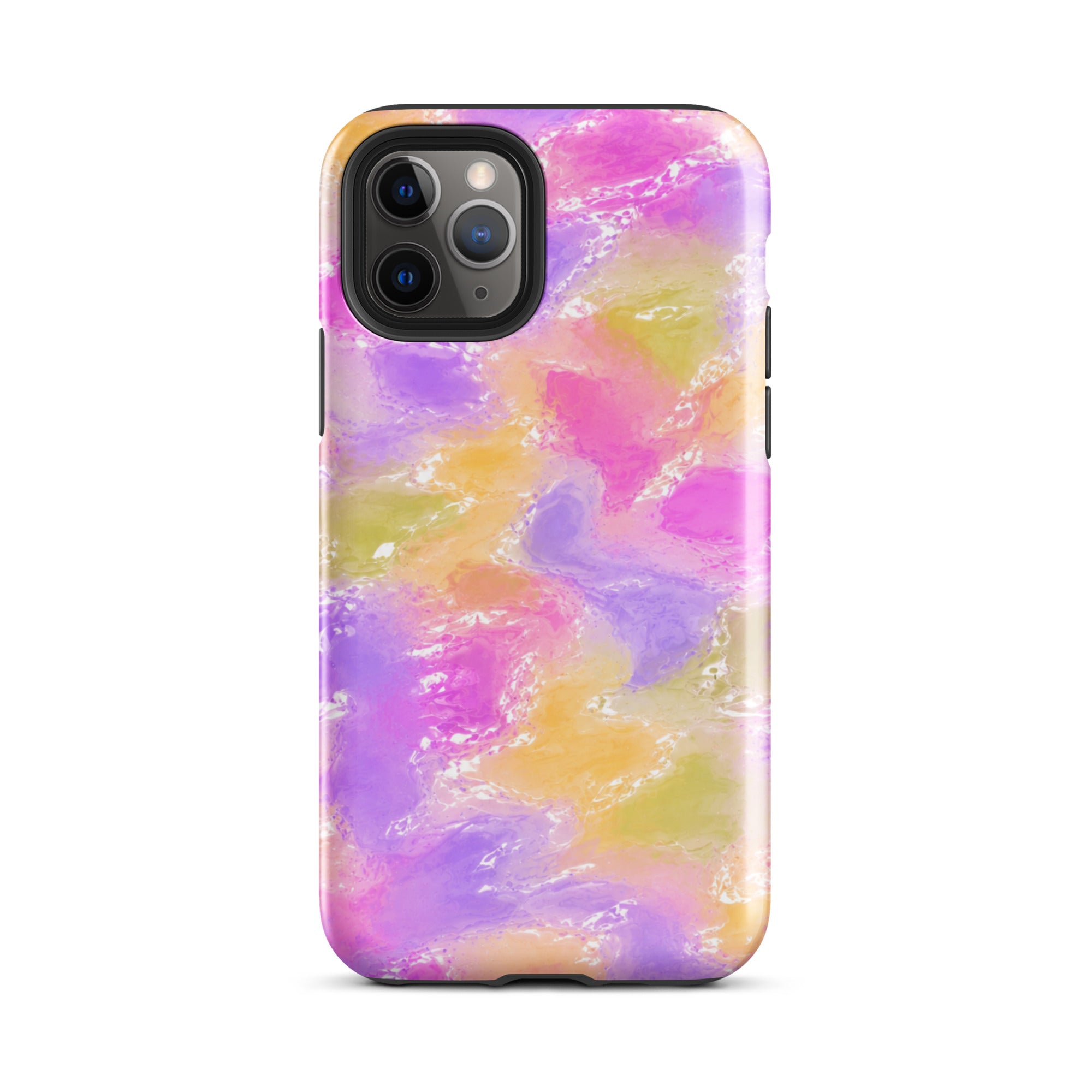 Front view of iPhone with colorful protective case
