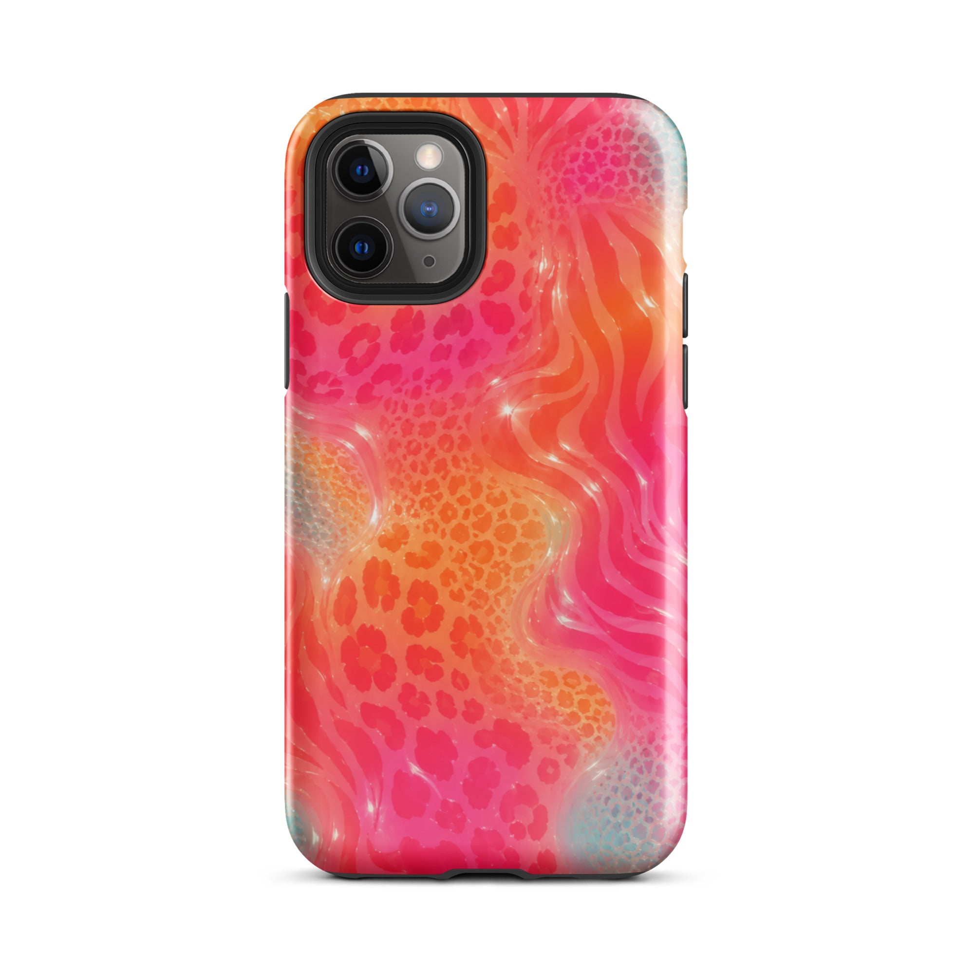 Side view of durable animal print iPhone case with impact absorption