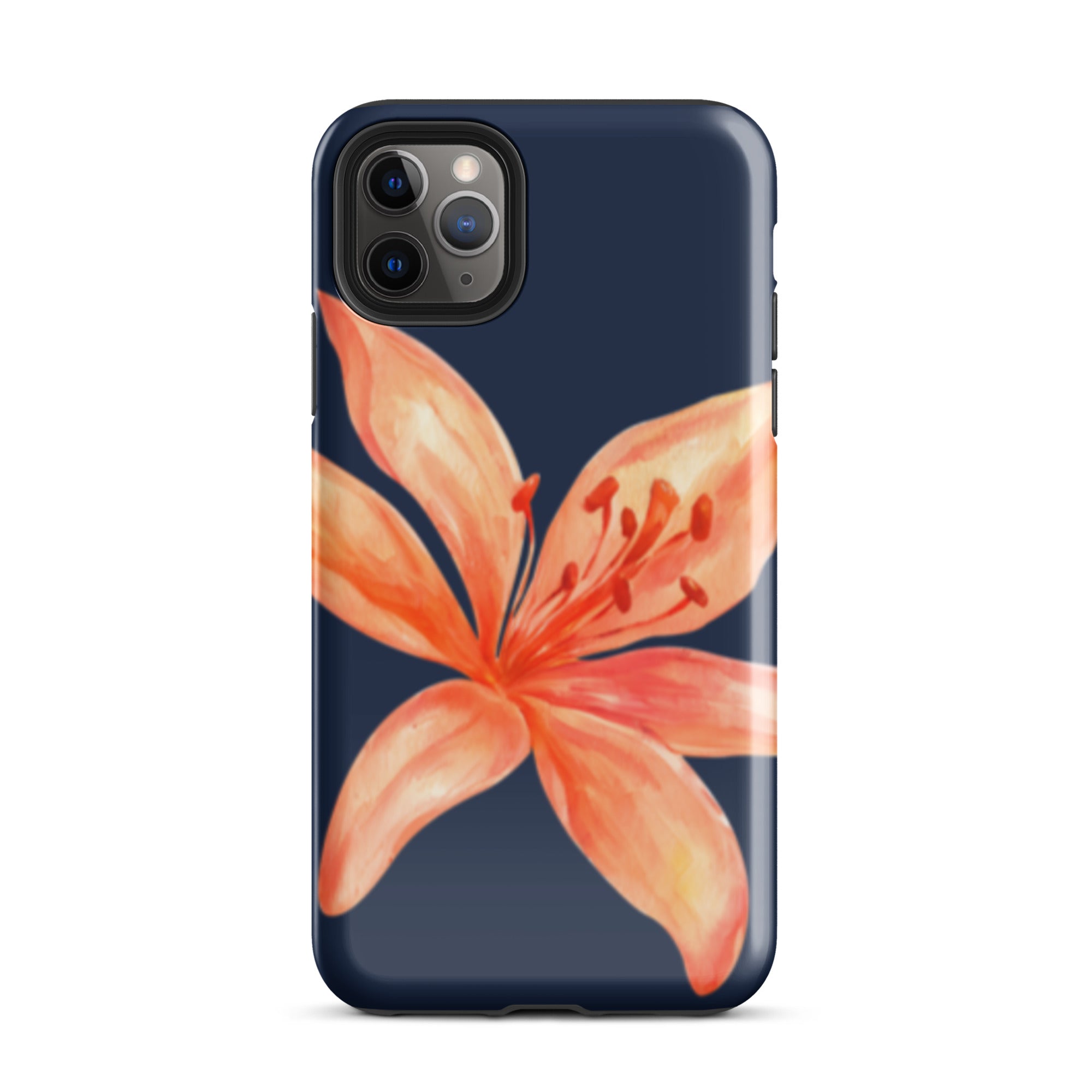 Coral Tiger Lily iPhone Case - Y2K Floral Navy With Glossy Or Matte featuring a large coral flower on a navy background