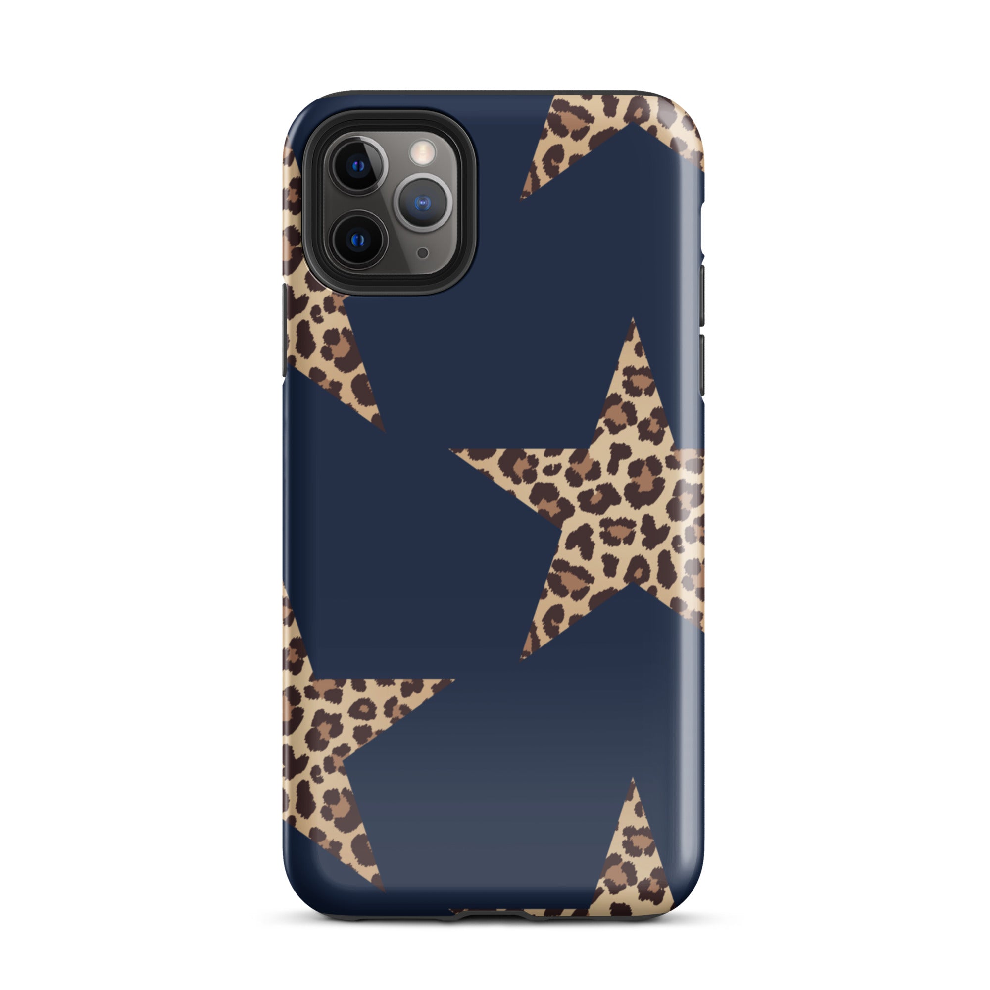 Navy Cheetah Stars iPhone Case - Leopard Star phone cover Dual Layer Bold Style with cheetah print stars on navy background